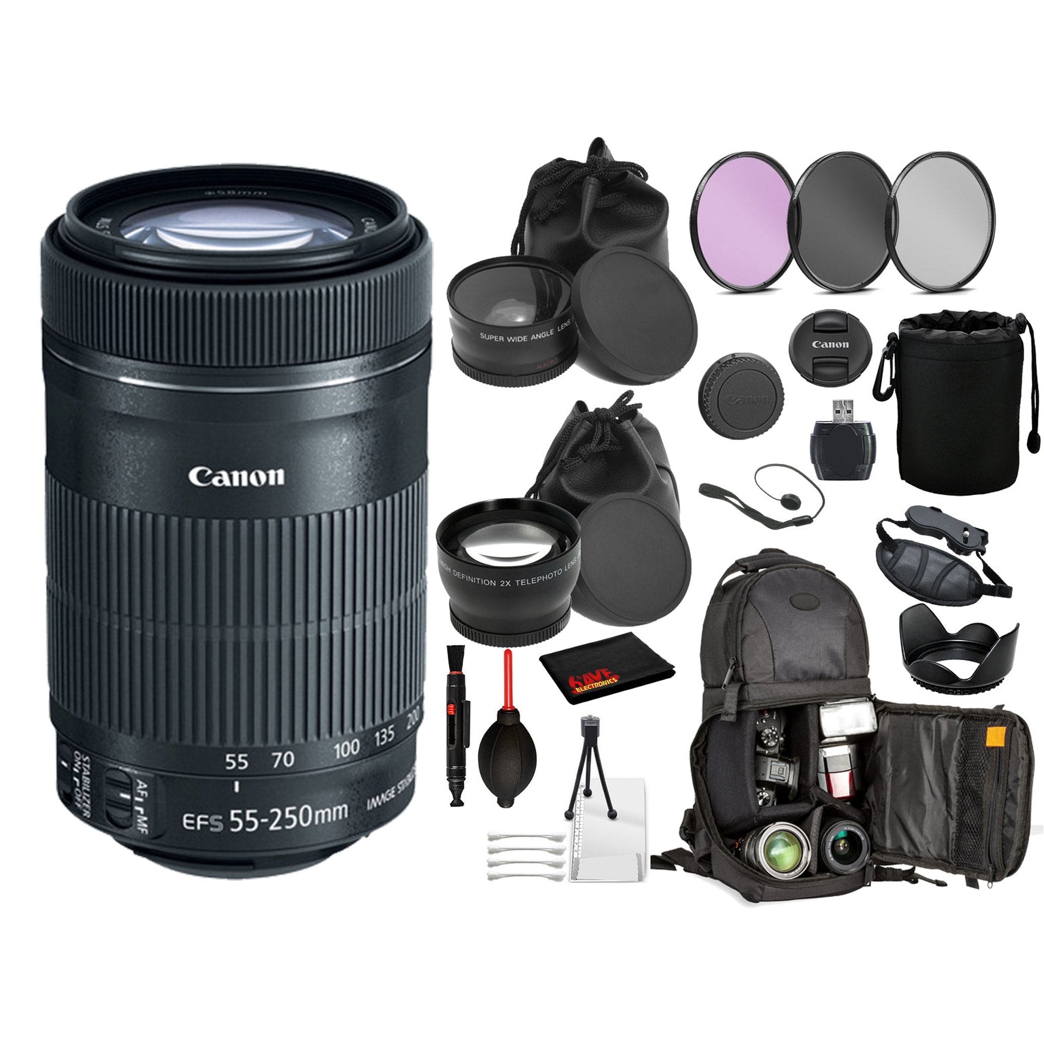 Canon EF-S 55-250mm f/4-5.6 IS STM Lens 8546B002 Lens with Bundle includes- 3pc Filters + DSLR Sling Backpack + More Canon