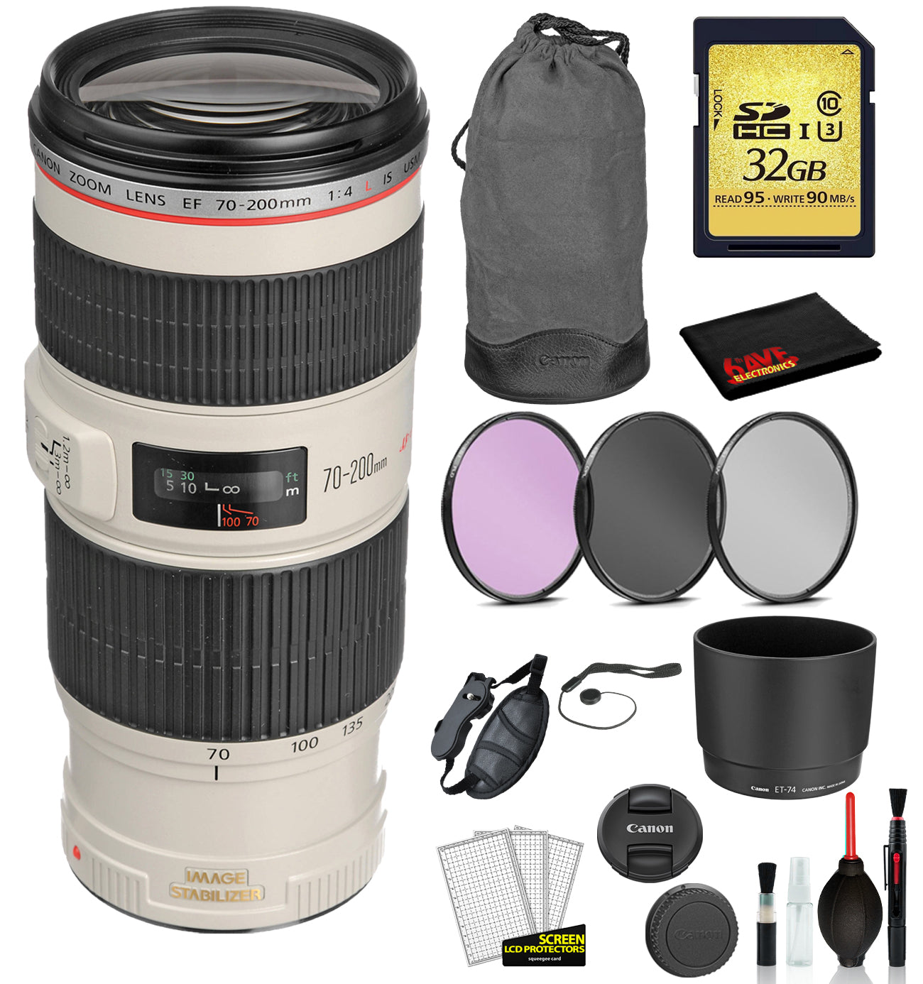 Canon EF 70-200mm f/4L IS USM Lens 1258B002 Lens with Bundle includes- 3pc Filter Kit + 32GB SD Card + More Canon