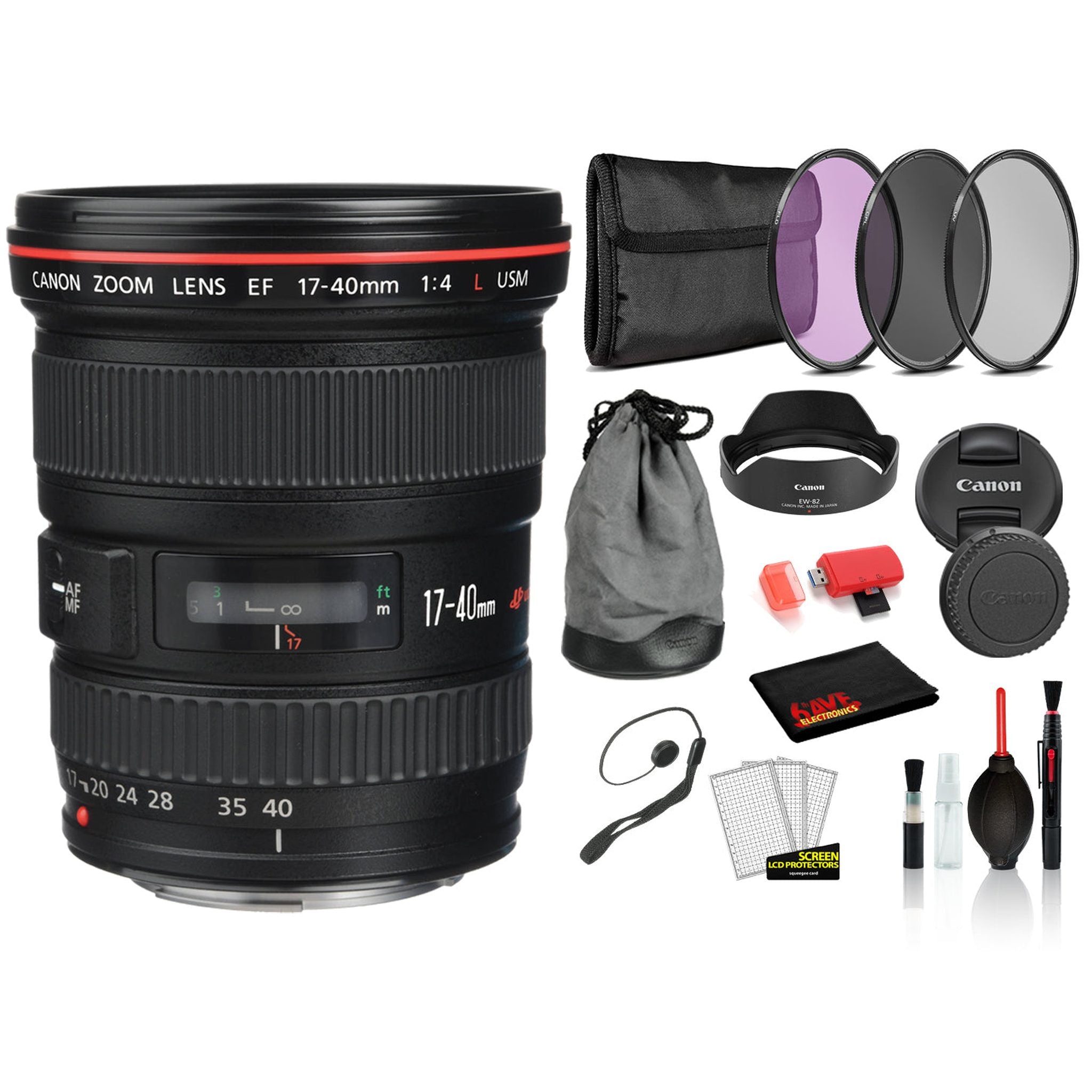 Canon EF 17-40mm f/4L USM Lens (8806A002) Lens with Bundle includes 3pc Filter Kit) + Deluxe Lens Cleaning Kit + More