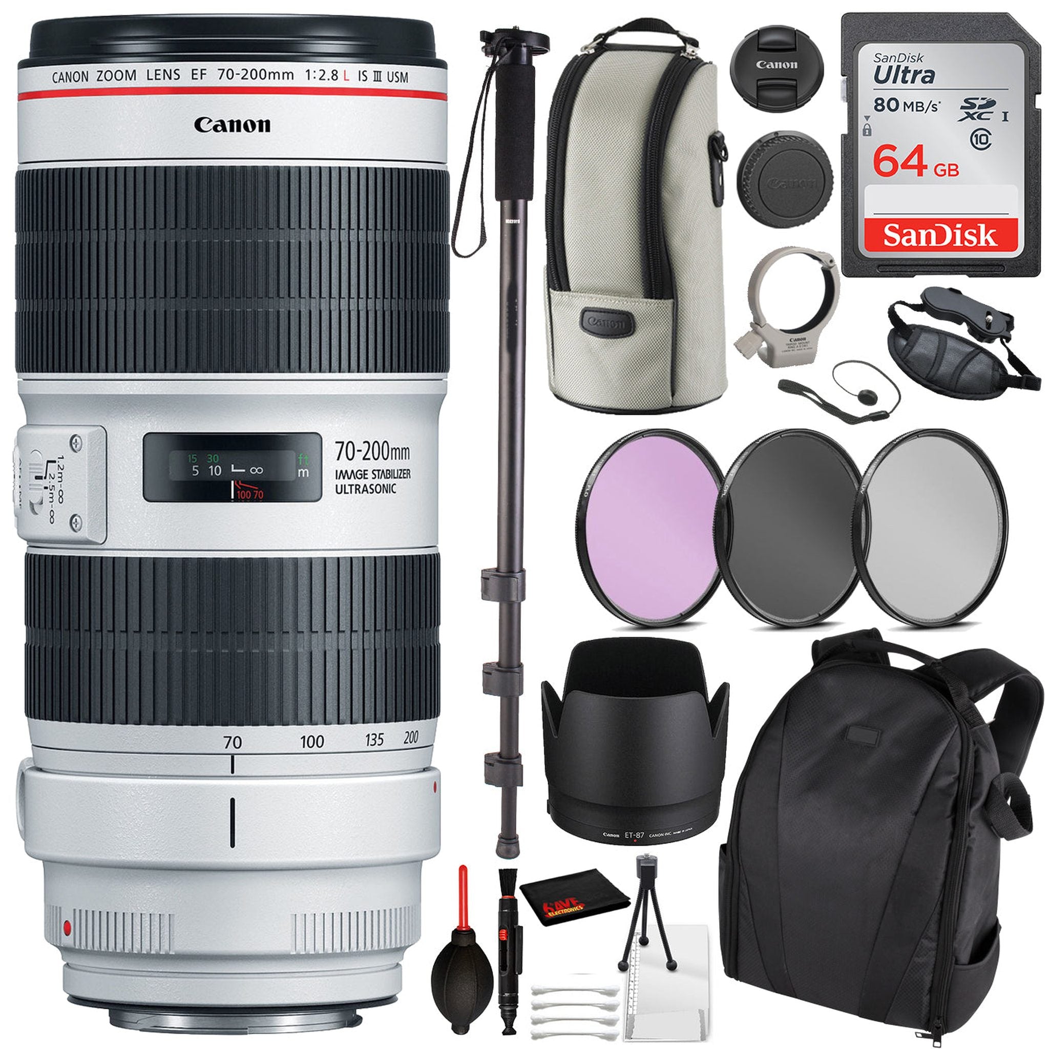 Canon EF 70-200mm f/2.8L IS III USM Lens 3044C002 Essential Bundle Kit for Canon EOS - International Model No Warranty Canon