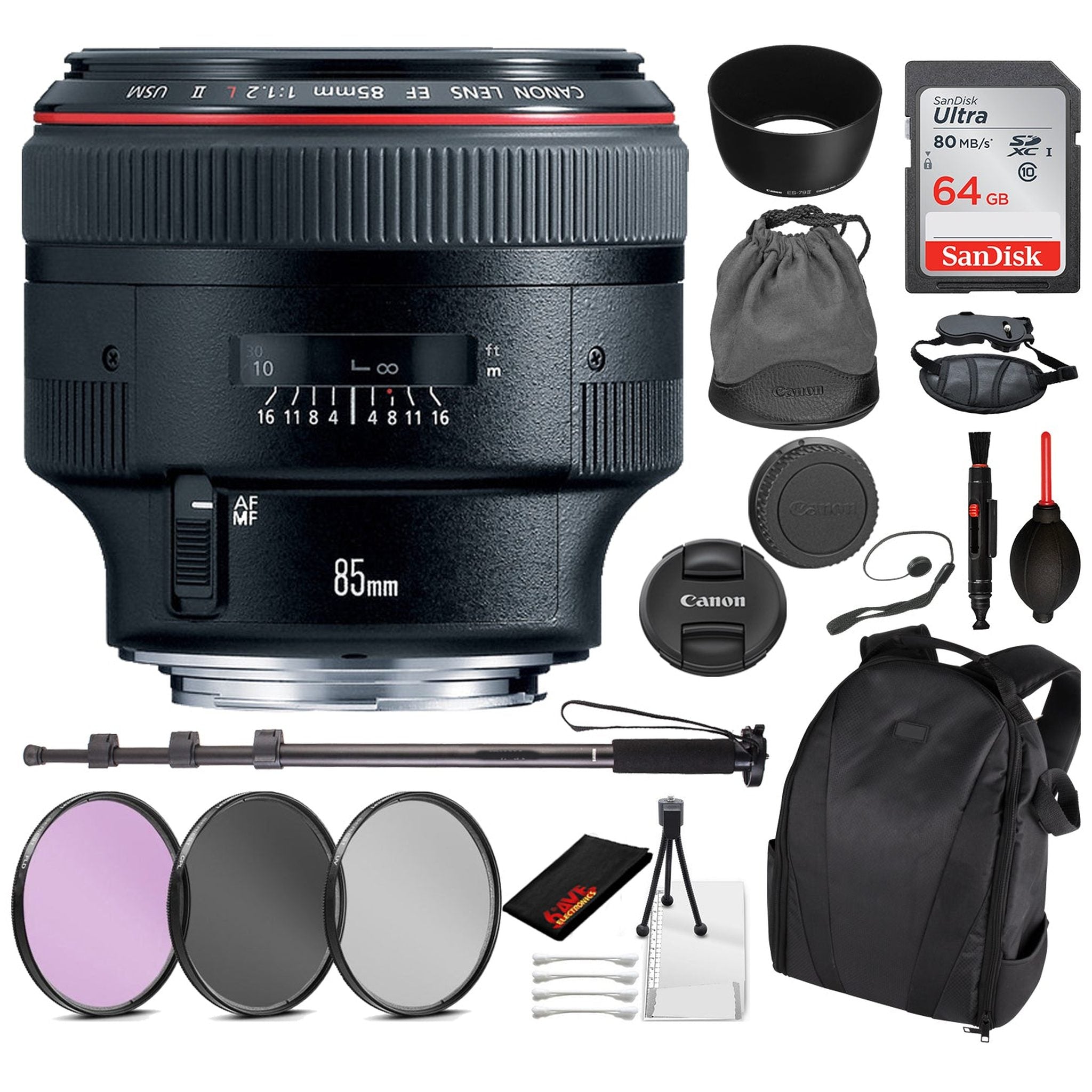 Canon EF 85mm f/1.2L II USM Lens with Essential Bundle Kit for Canon EOS - International Model No Warranty Canon