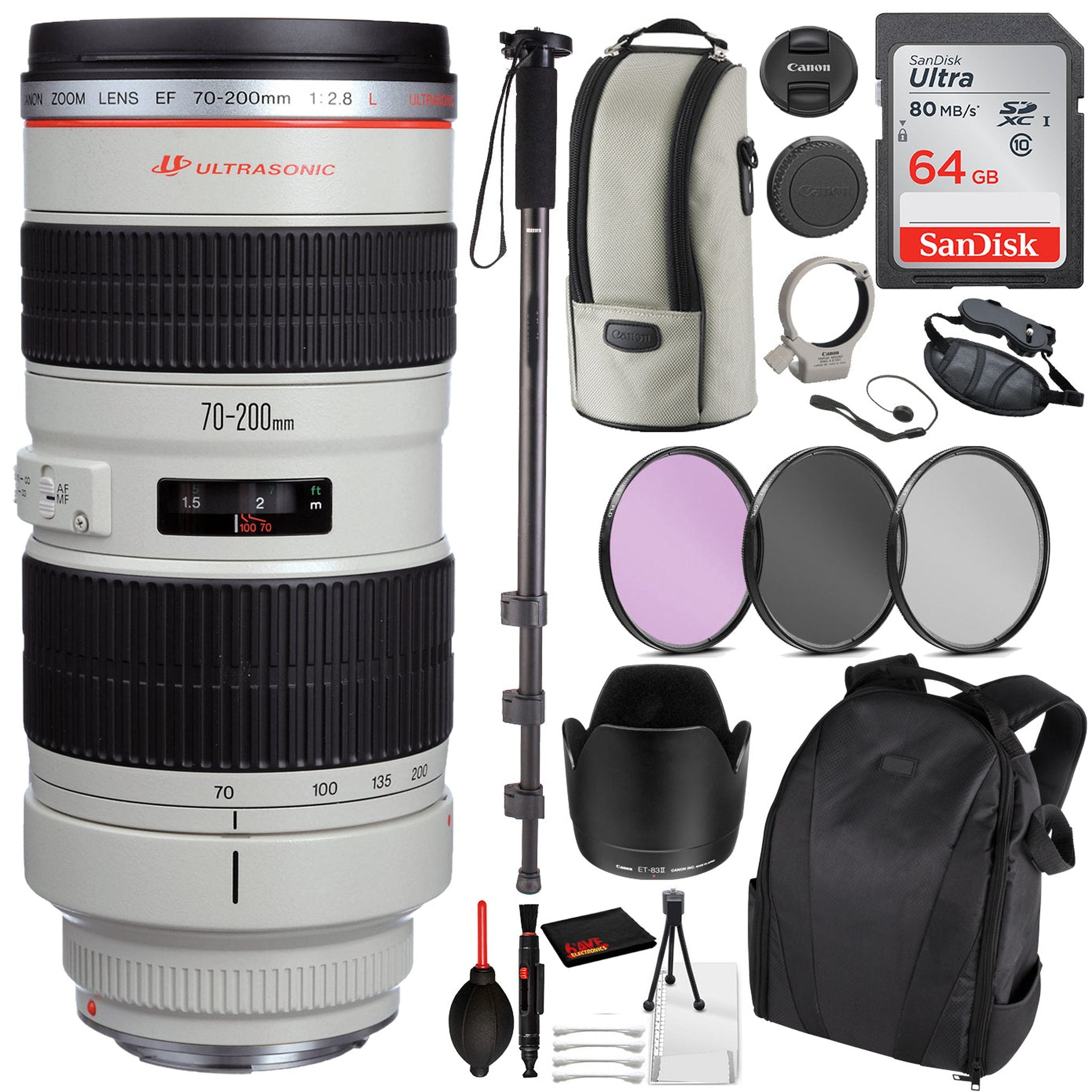 Canon EF 70-200mm f/2.8L USM Lens Essential Bundle Kit for Canon EOS - International Model No Warranty Canon