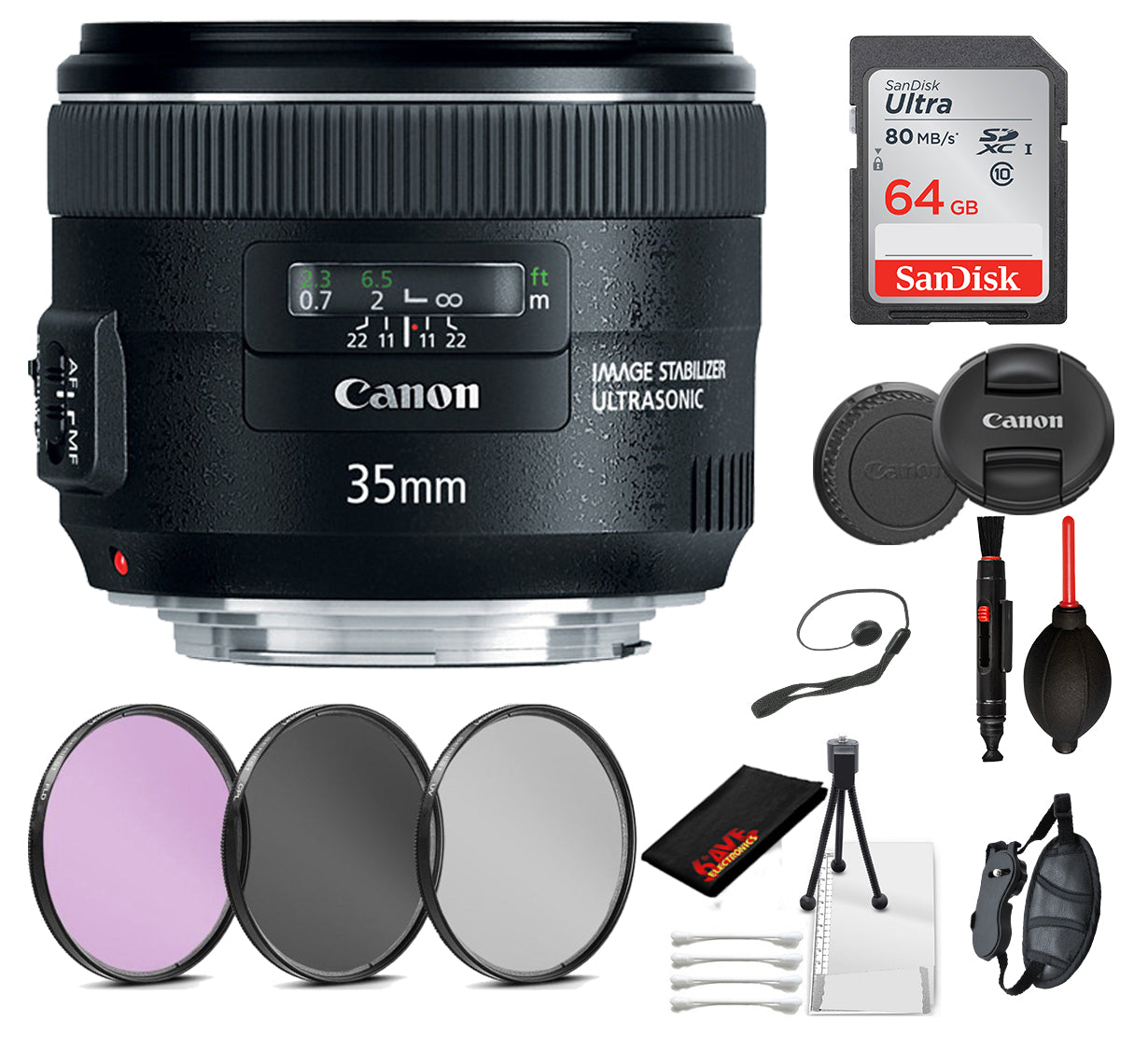 Canon EF 35mm f/2 IS USM Lens 5178B002 Essential Bundle Kit for Canon EOS - International Model No Warranty Canon