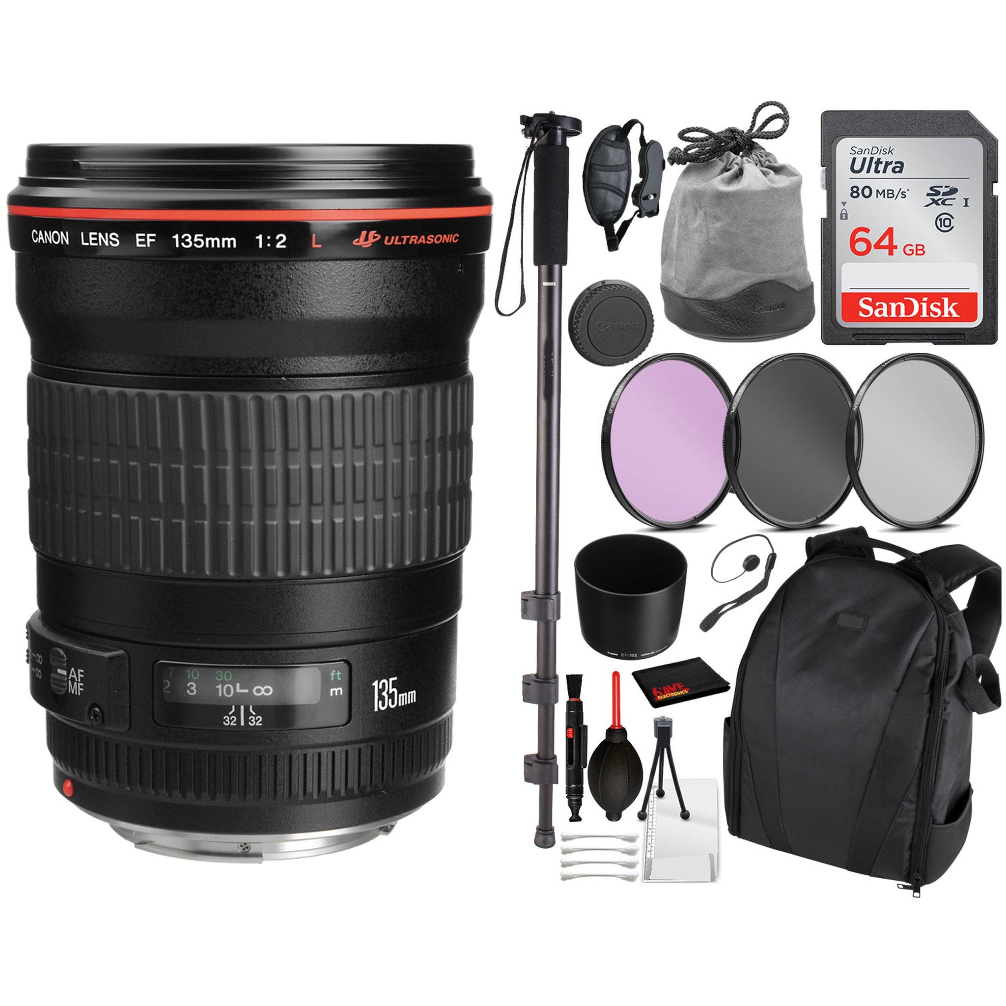 Canon EF 135mm f/2L USM Lens 2520A004 Essential Bundle Kit for Canon EOS - International Model No Warranty Canon