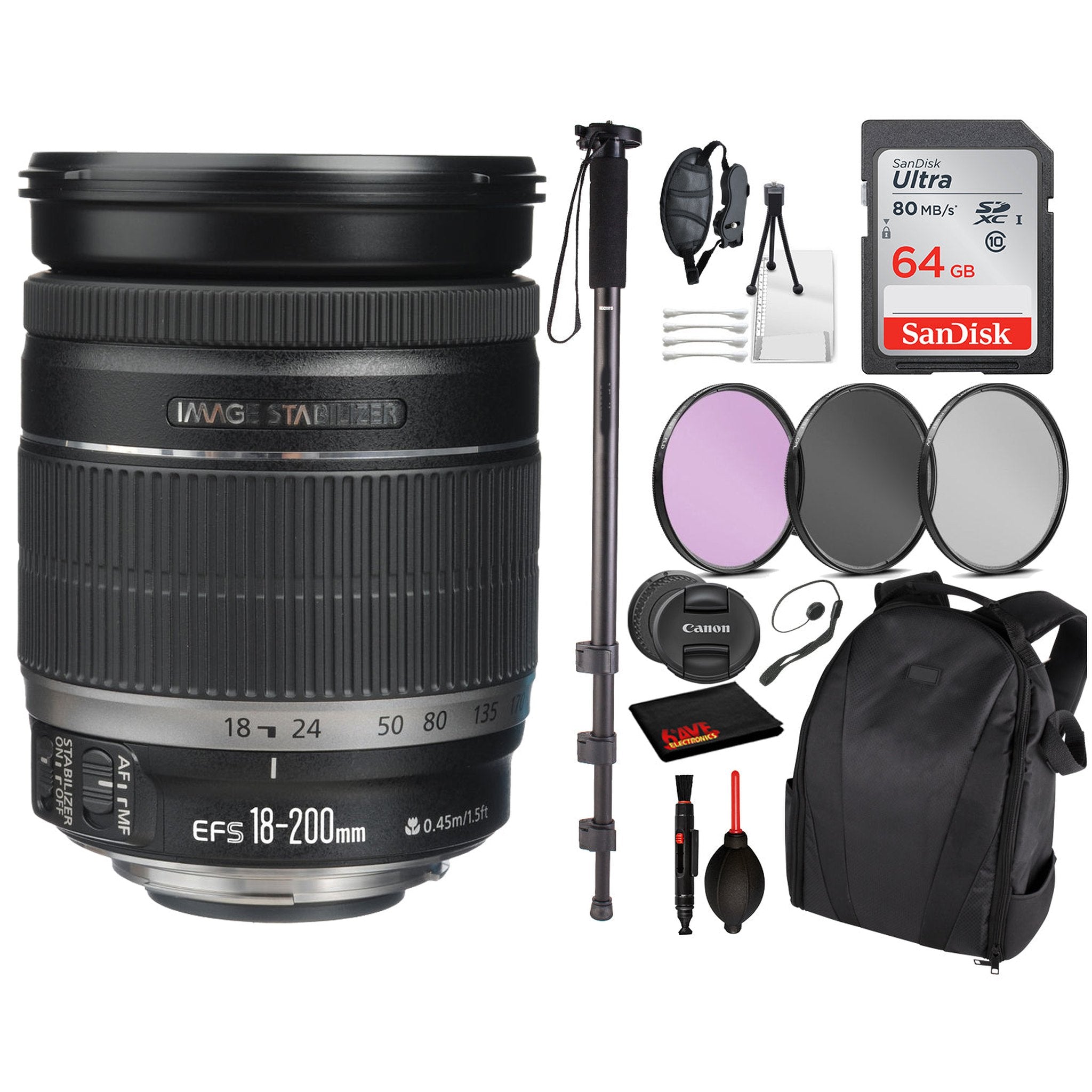 Canon EF-S 18-200mm f/3.5-5.6 IS Lens 2752B002 Essential Bundle Kit for Canon EOS - International Model No Warranty Canon