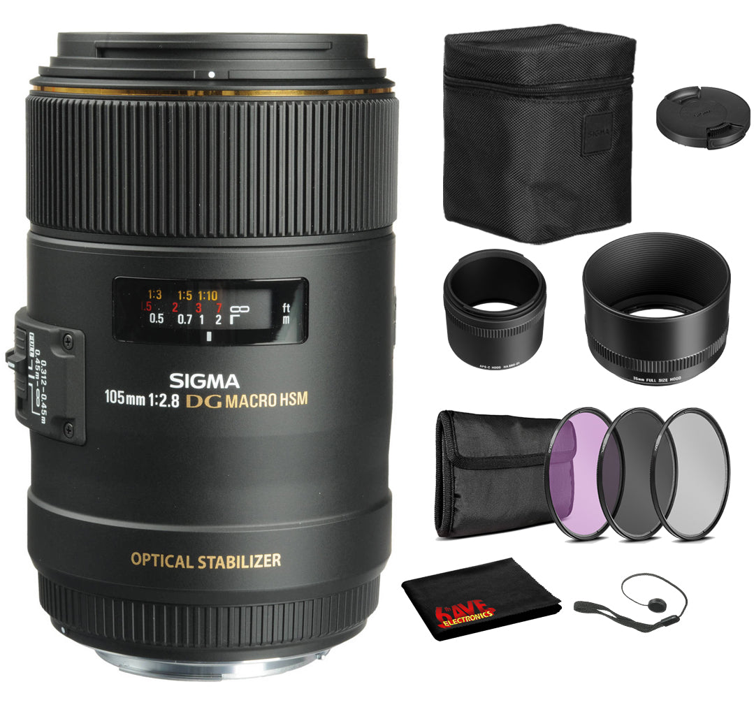 Sigma 105mm f/2.8 EX DG OS HSM Macro Lens for Nikon F with Bundle: 3pc Filter Kit + More Sigma