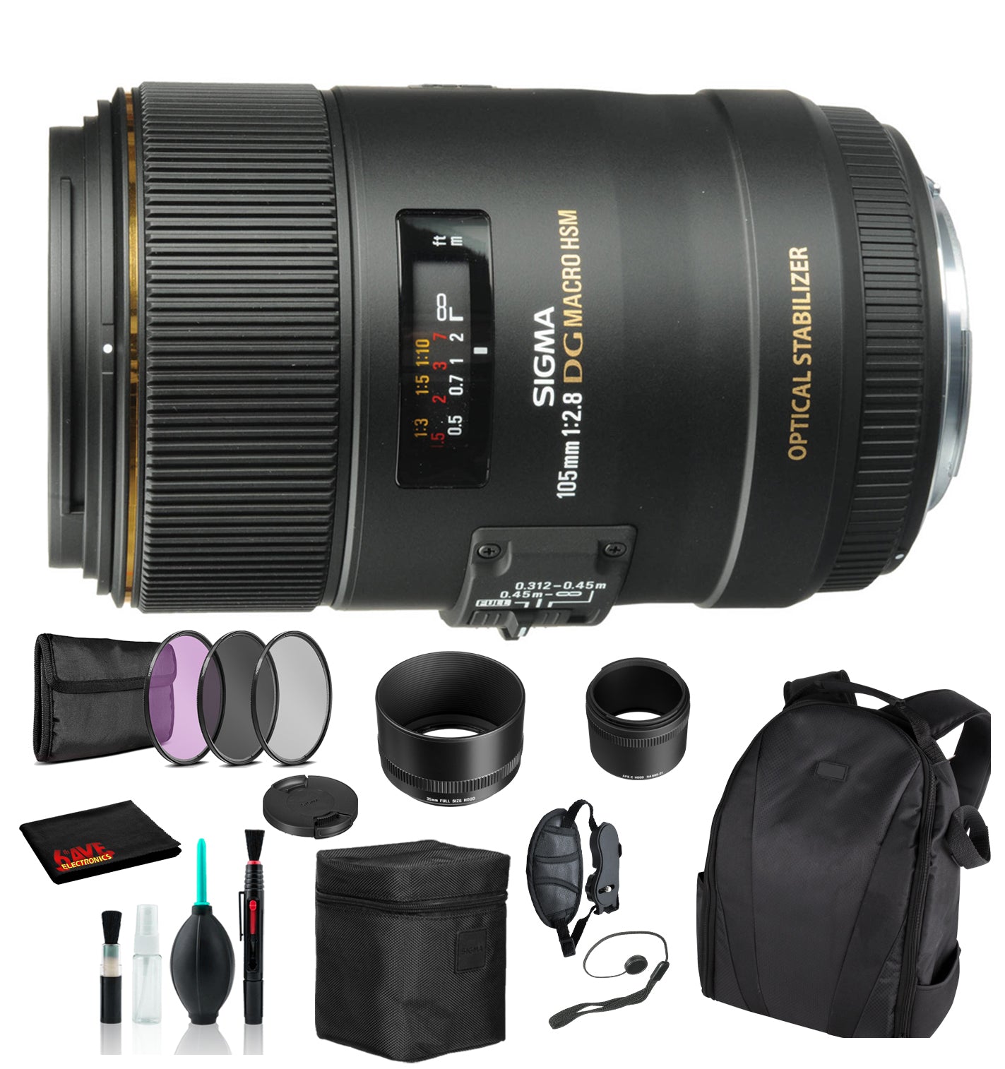 Sigma 105mm f/2.8 EX DG OS HSM Macro Lens for Nikon F with Essential Bundle: Backpack + 3PC Filter + More Sigma