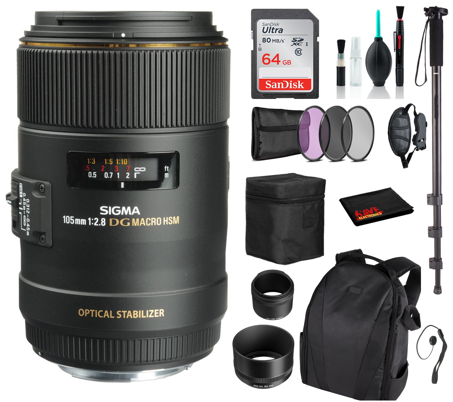 Sigma 105mm f/2.8 EX DG OS HSM Macro Lens for Nikon F with Advance Bundle: Backpack + Sandisk 64gb SD+ More Sigma