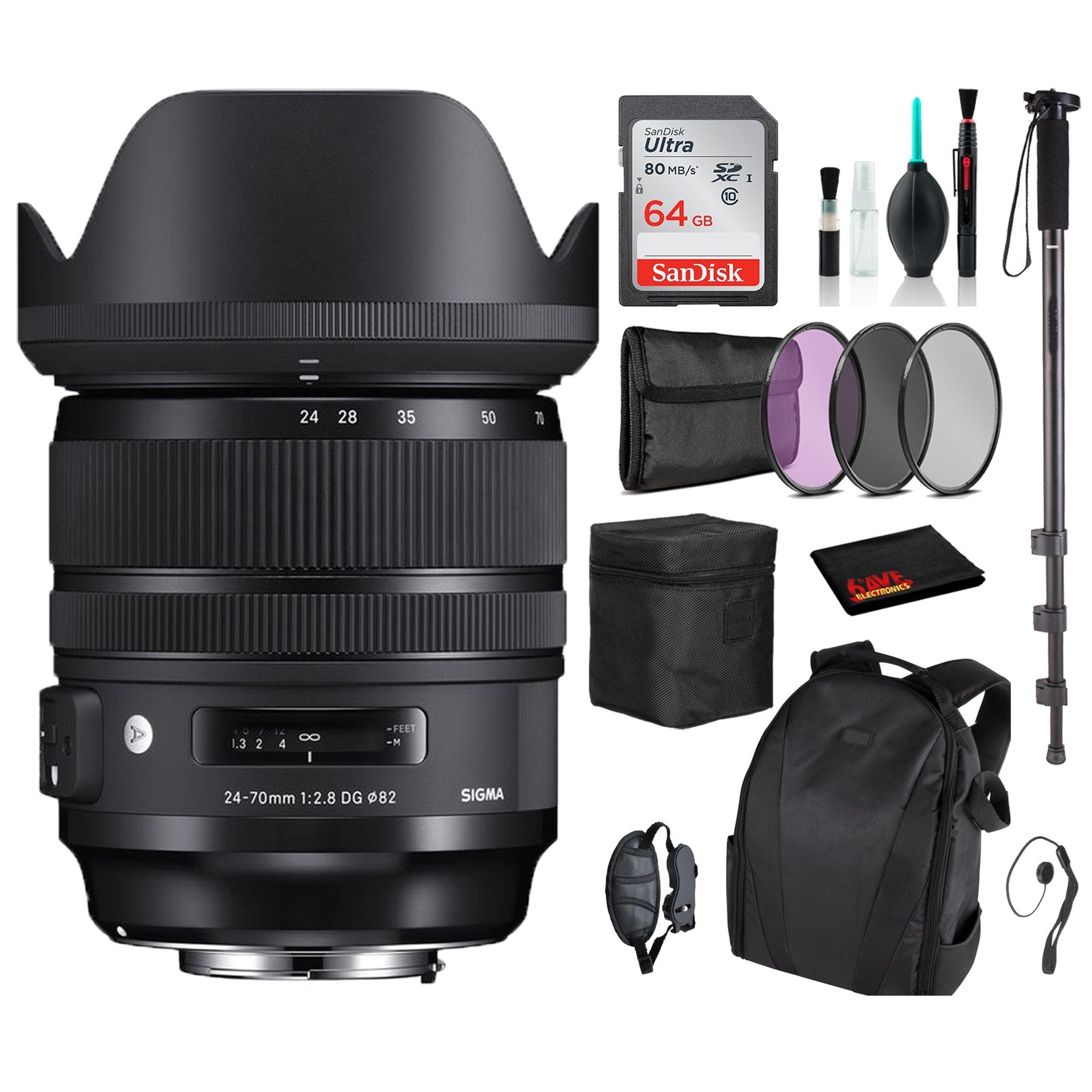 Sigma 24-70mm f/2.8 DG OS HSM Art Lens for Canon EF with Advance Bundle: Backpack + Sandisk 64gb SD+ More Sigma