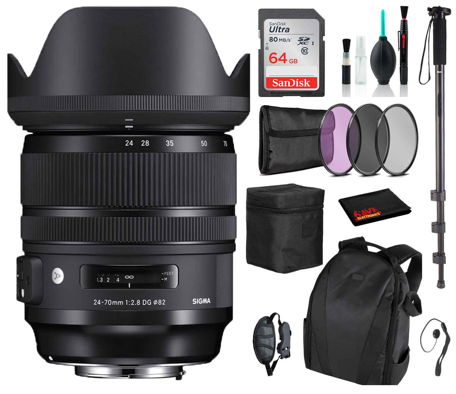 Sigma 24-70mm f/2.8 DG OS HSM Art Lens for Nikon F with Advance Bundle: Backpack + Sandisk 64gb SD+ More Sigma