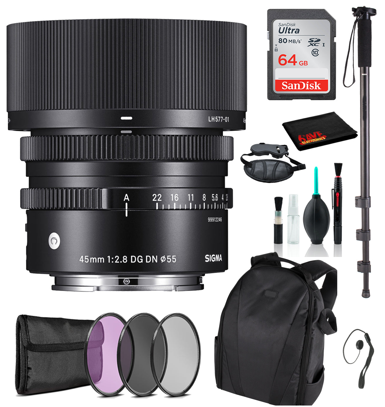 Sigma 45mm f/2.8 DG DN Contemporary Lens for Sony E with Advance Bundle: Backpack + Sandisk 64gb SD+ More Sigma