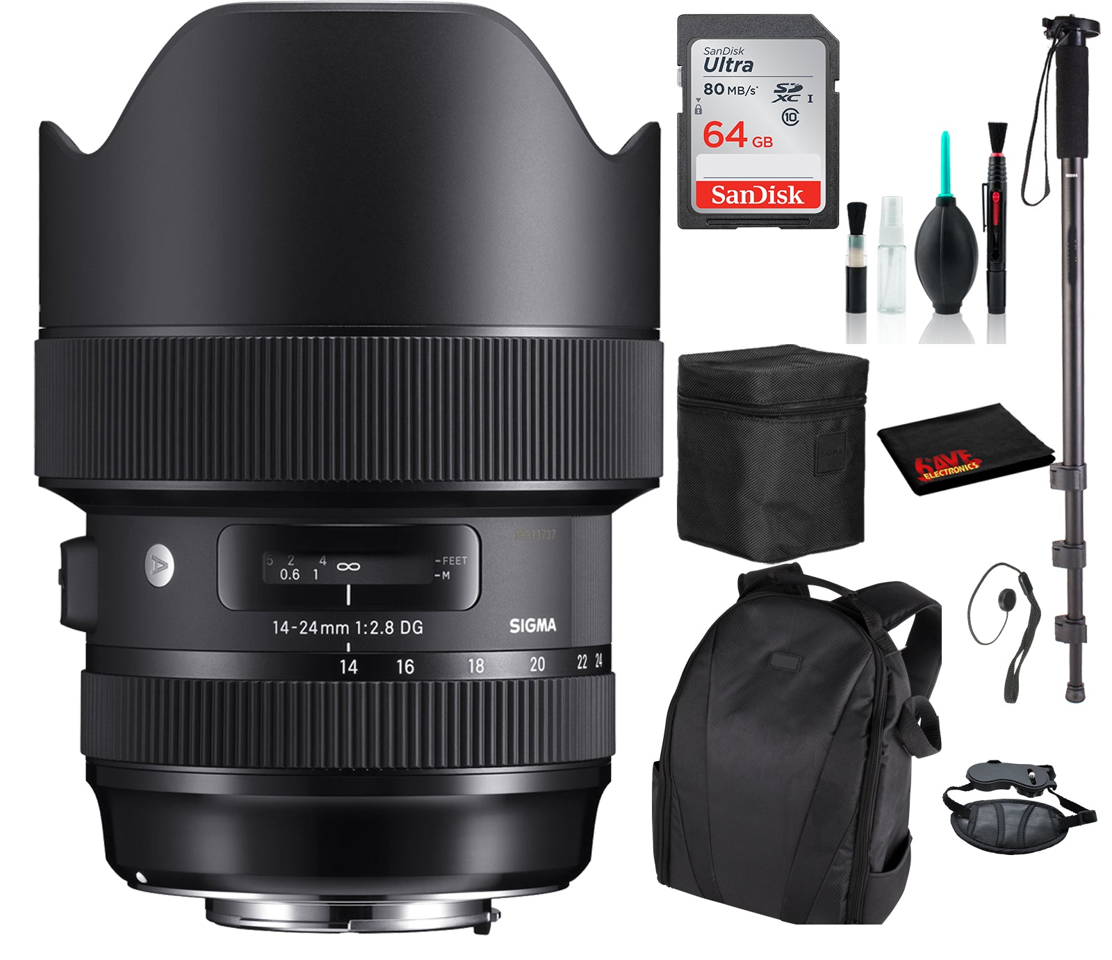 Sigma 14-24mm f/2.8 DG HSM Art Lens for Nikon F with Advance Bundle: Backpack + Sandisk 64gb SD+ More Sigma