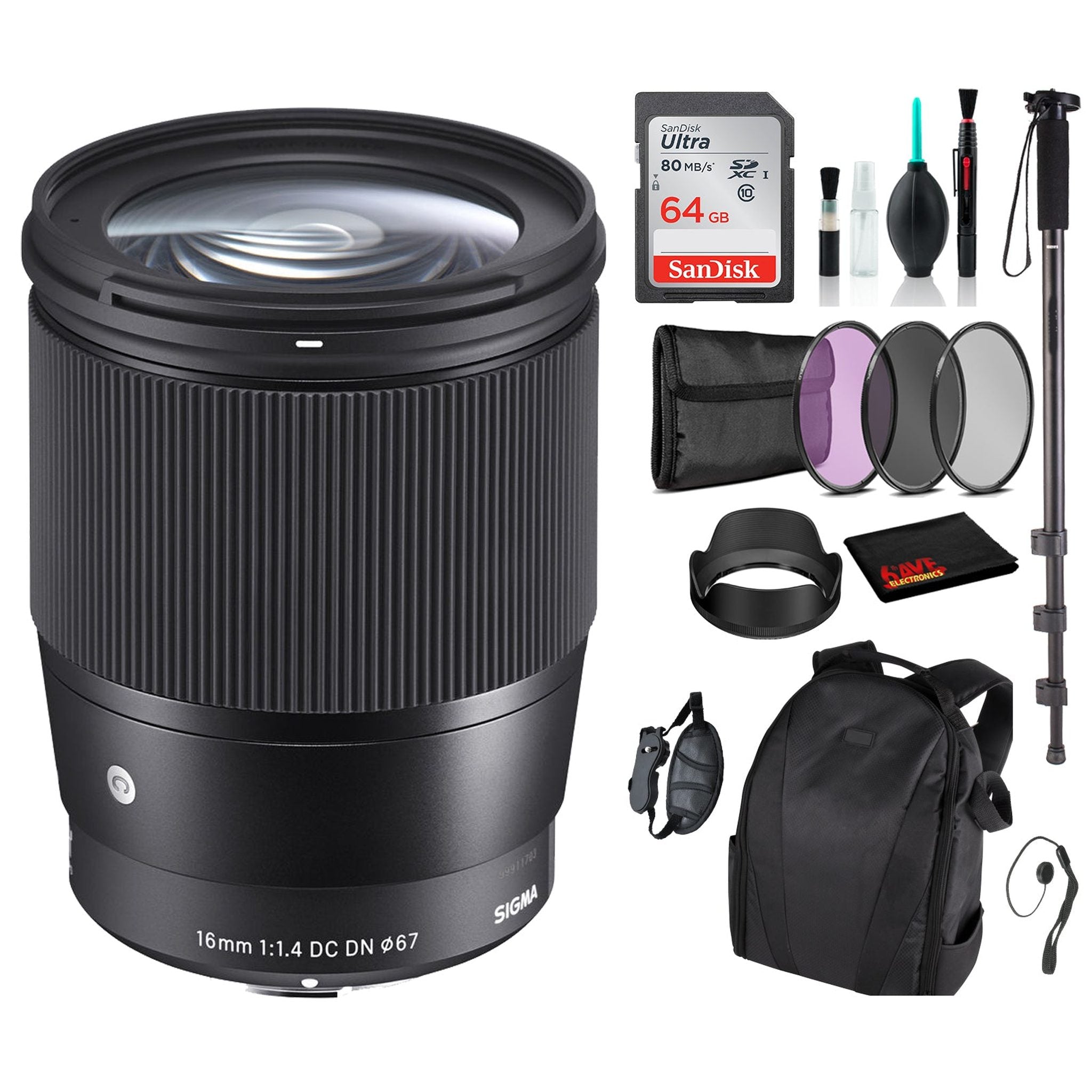 Sigma 16mm f/1.4 DC DN Contemporary Lens for Micro Four Thirds with Advance Bundle: Backpack + Sandisk 64gb SD+ More Sigma