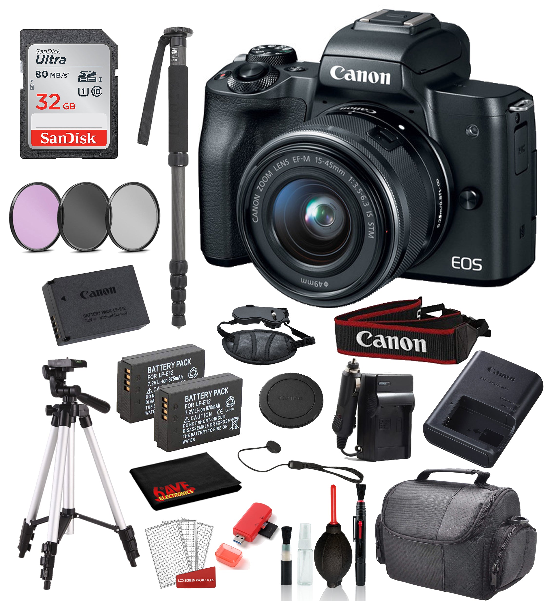 Canon EOS M50 Mirrorless Digital Camera with 15-45mm Lens Black Bundle + SanDisk 32gb SD + 57+ Tripod + MORE Canon