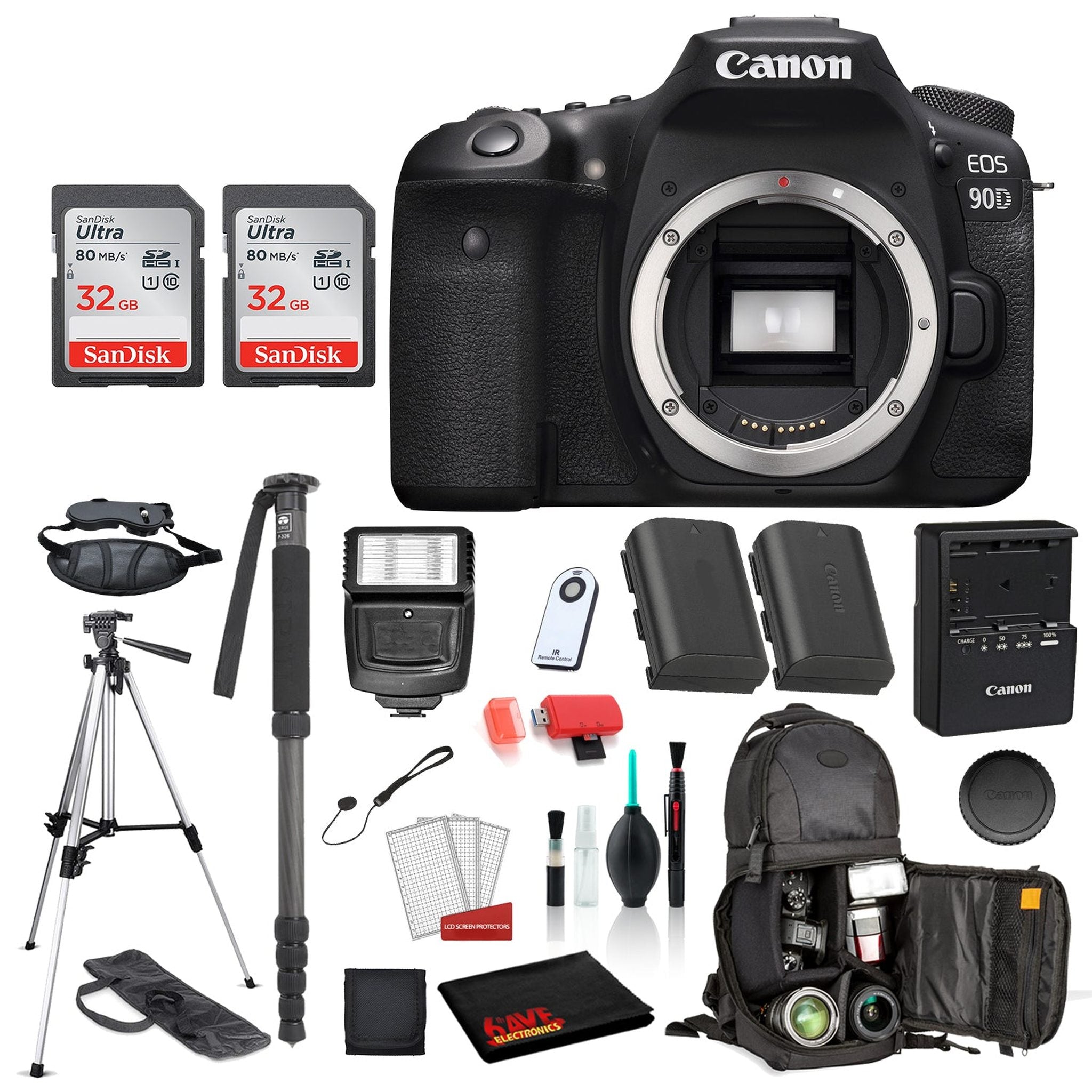 Canon EOS 90D Digital SLR Camera Body Only Bundle: SanDisk 32GB SD Card 2CT + Battery for LPE6 + 72? Tripod + MORE Canon