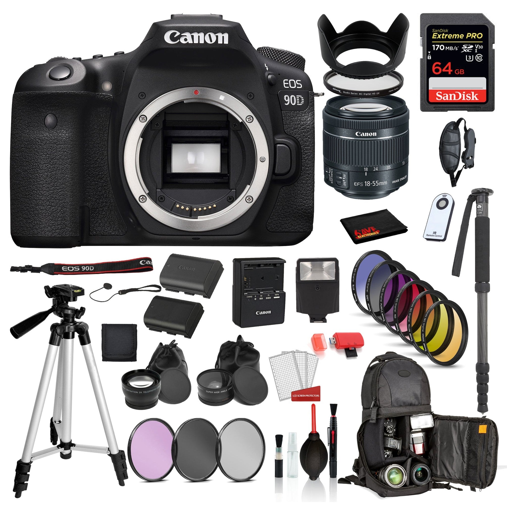 Canon EOS 90D Digital SLR Camera with EF-S 18-55mm is STM Lens : SanDisk Extreme Pro 64gb SD + Battery for LPE6 + MORE Canon