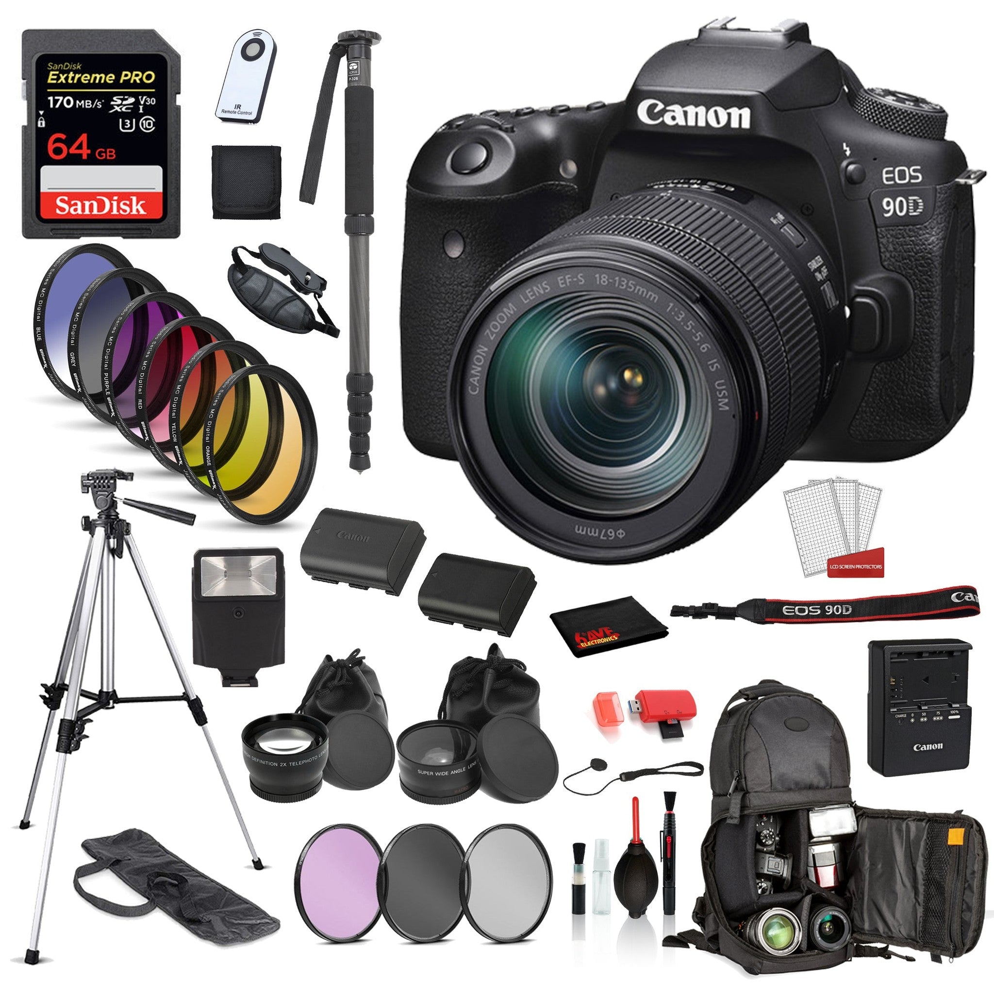 Canon EOS 90D DSLR Camera with 18-135mm Lens Bundle: SanDisk Extreme Pro 64gb SD + Battery for LPE6 + MORE Canon