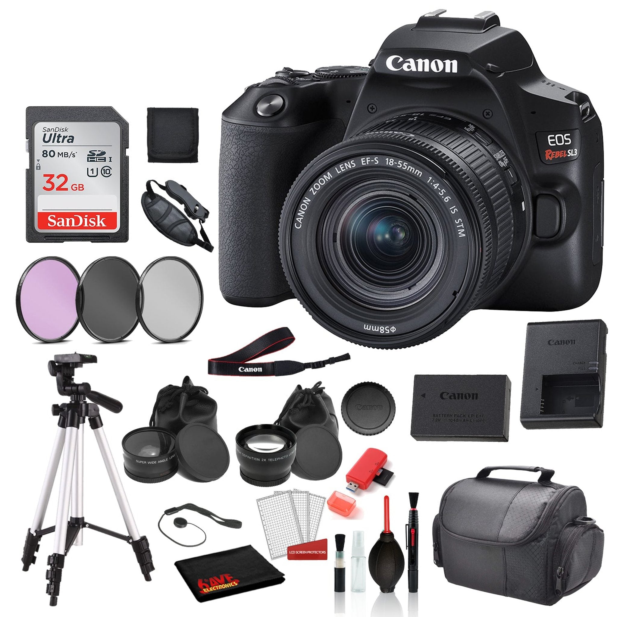 Canon EOS Rebel SL3 Digital SLR Camera with 18-55mm Lens Bundle + SanDisk 32gb SD Card + 3PC Filter Kit + MORE Canon