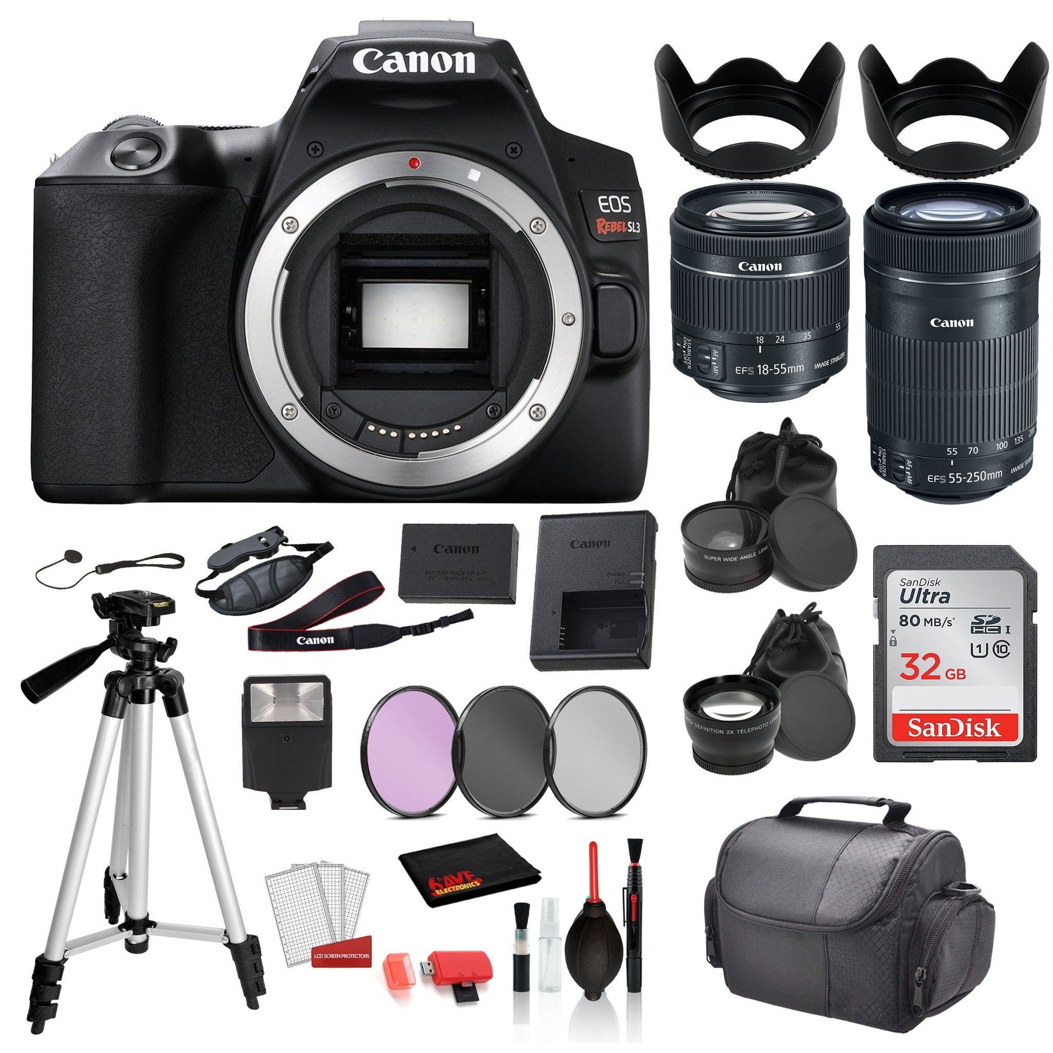 Canon EOS Rebel SL3 Digital SLR Camera with 18-55mm Lens + EF-S 55-250mm Lens Bundle: SanDisk 32gb SD + Filters + MORE Canon