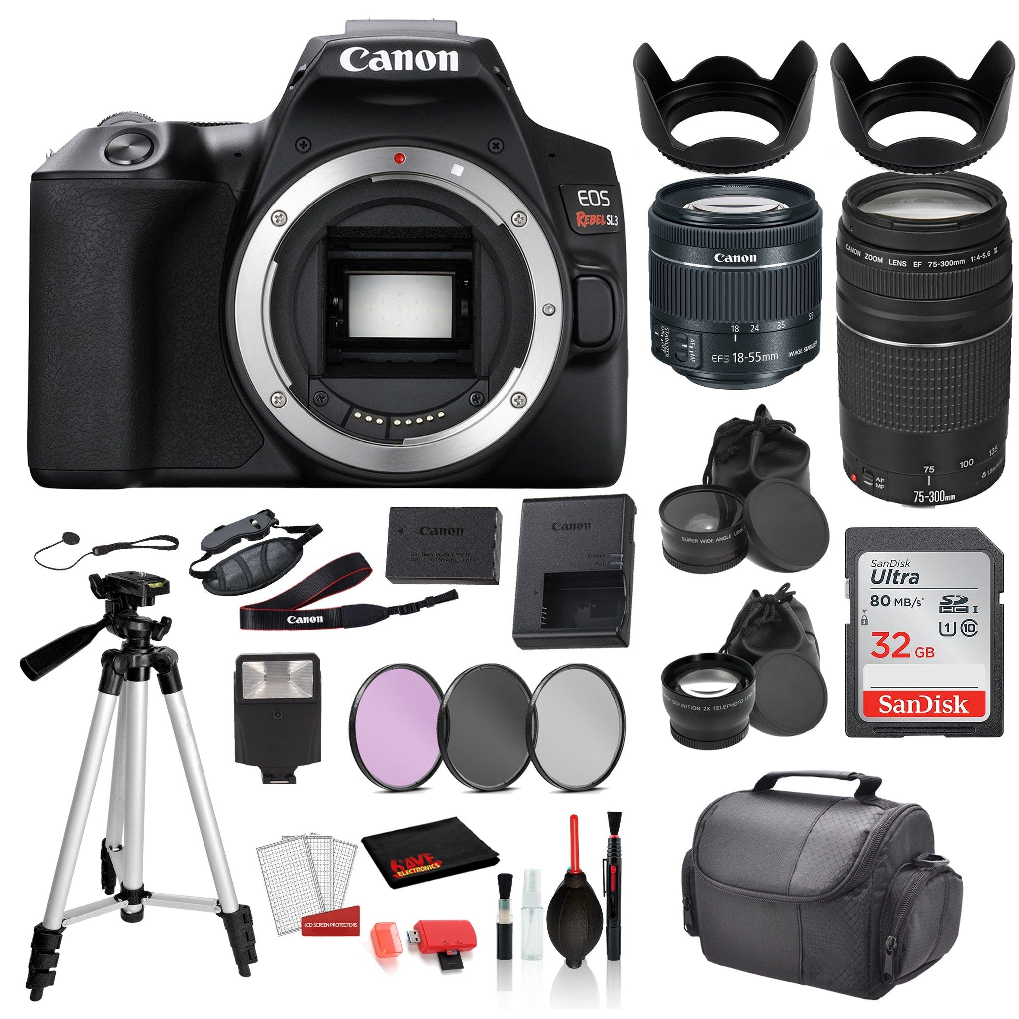 Canon EOS Rebel SL3 Digital SLR Camera with 18-55mm Lens and EF 75-300mm Lens Bundle + SanDisk 32gb SD + Filters + MORE Canon