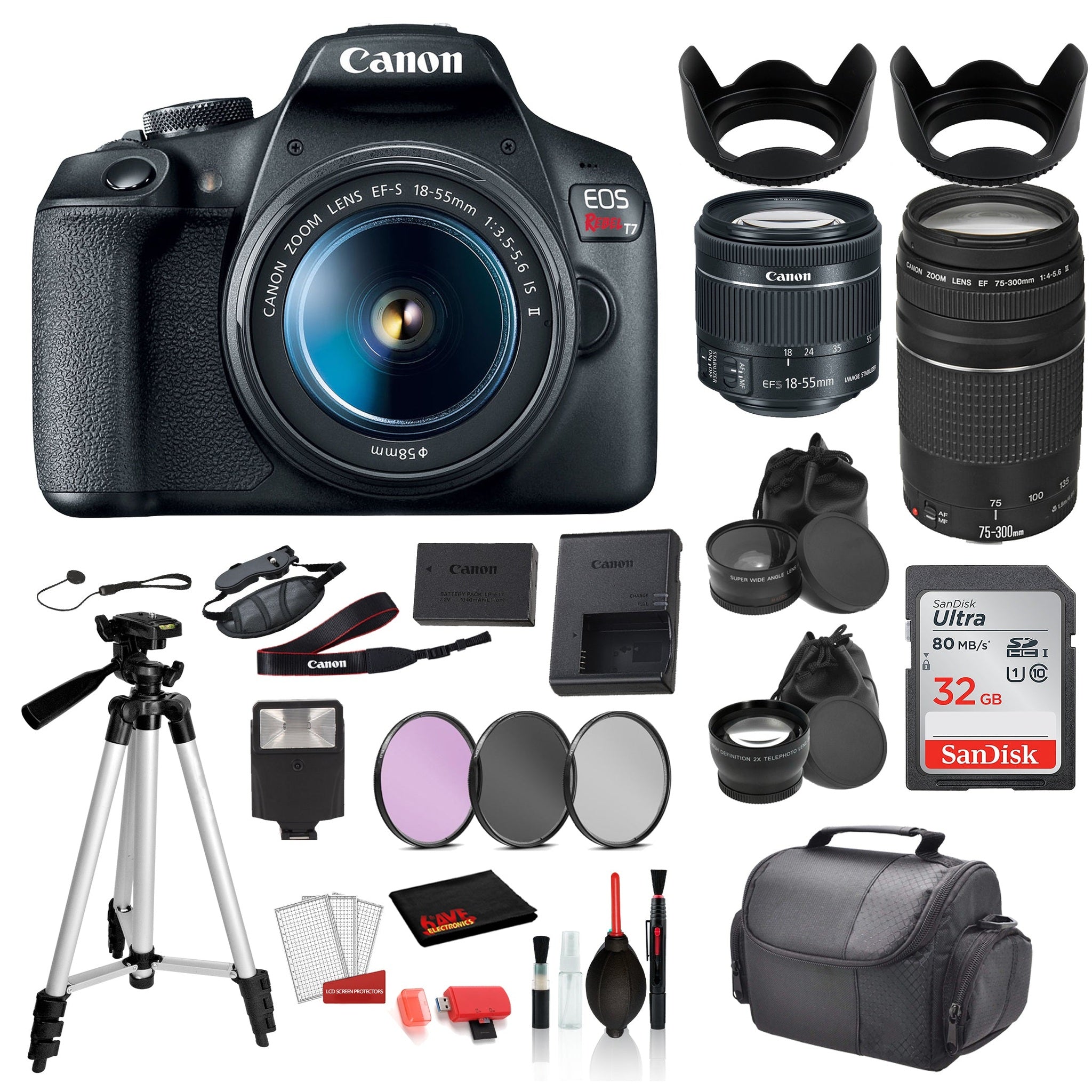 Canon EOS Rebel T7 Digital SLR Camera with 18-55mm Lens and EF 73-300mm SanDisk 32gb SD + 3PC Filter Kit + MORE Canon