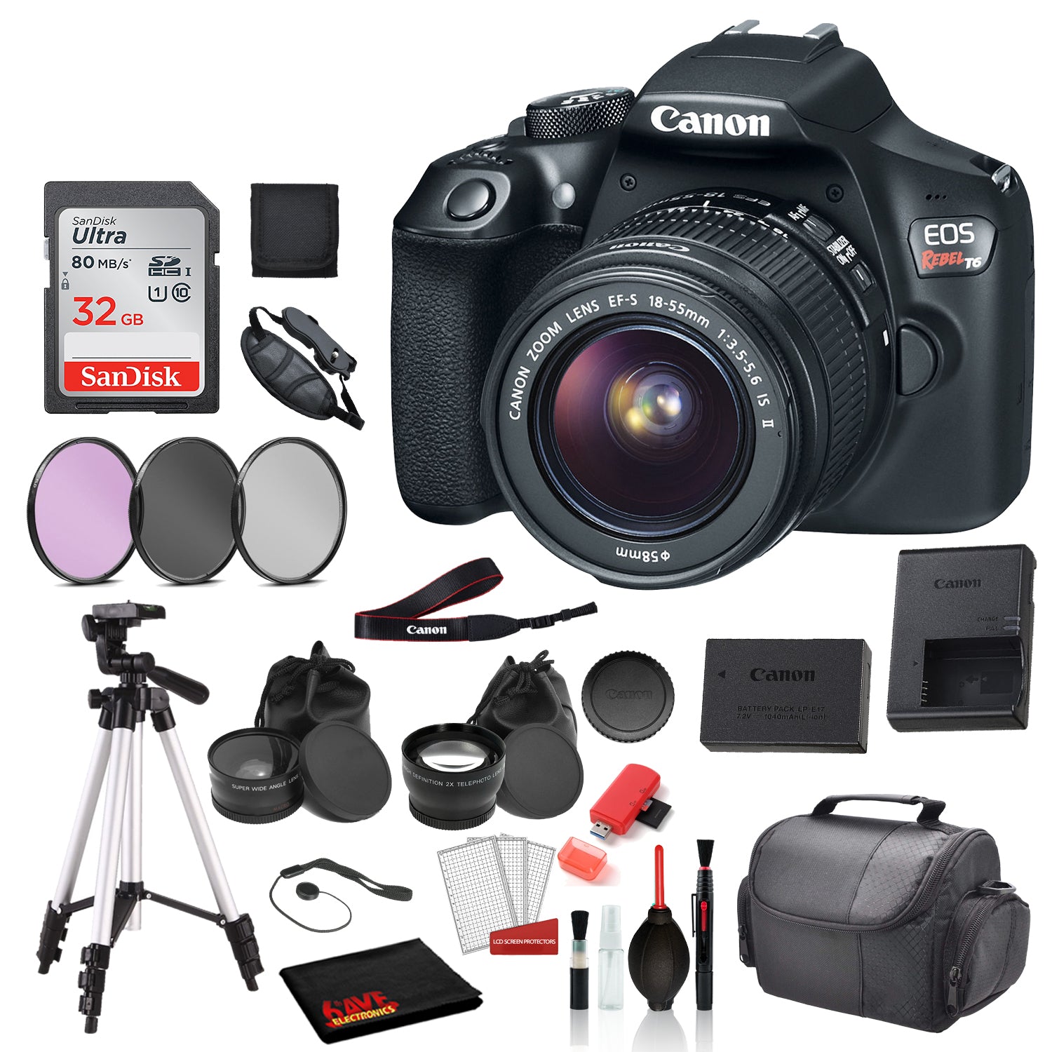 Canon EOS Rebel T6 Digital SLR Camera with 18-55mm Lens Bundle SanDisk 32gb SD Card + 3PC Filter Kit + MORE Canon