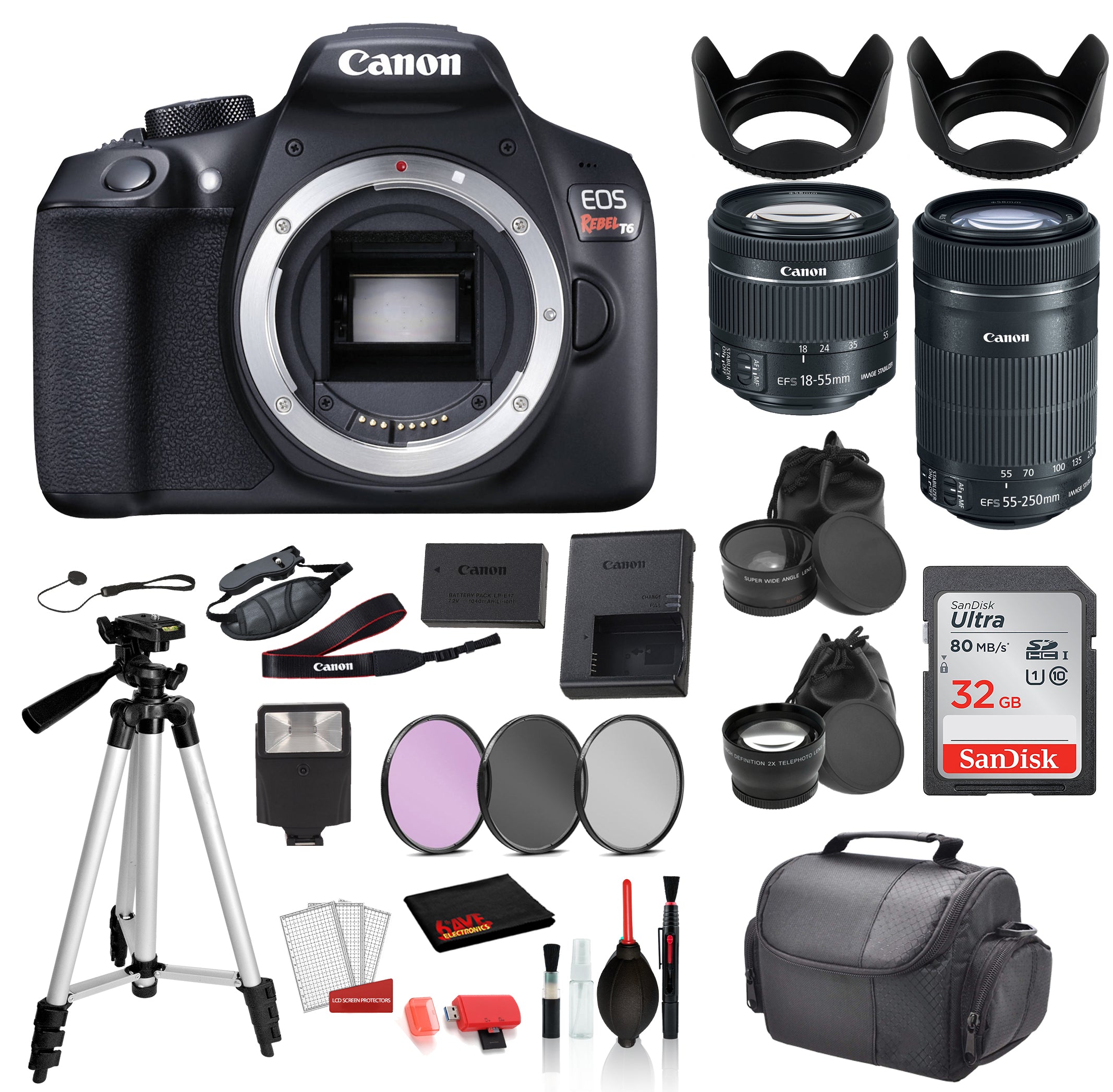 Canon EOS Rebel T6 Digital SLR Camera with 18-55mm Lens and EF-S 55-250mm Lens SanDisk 32gb SD + 3PC Filter Kit + MORE Canon