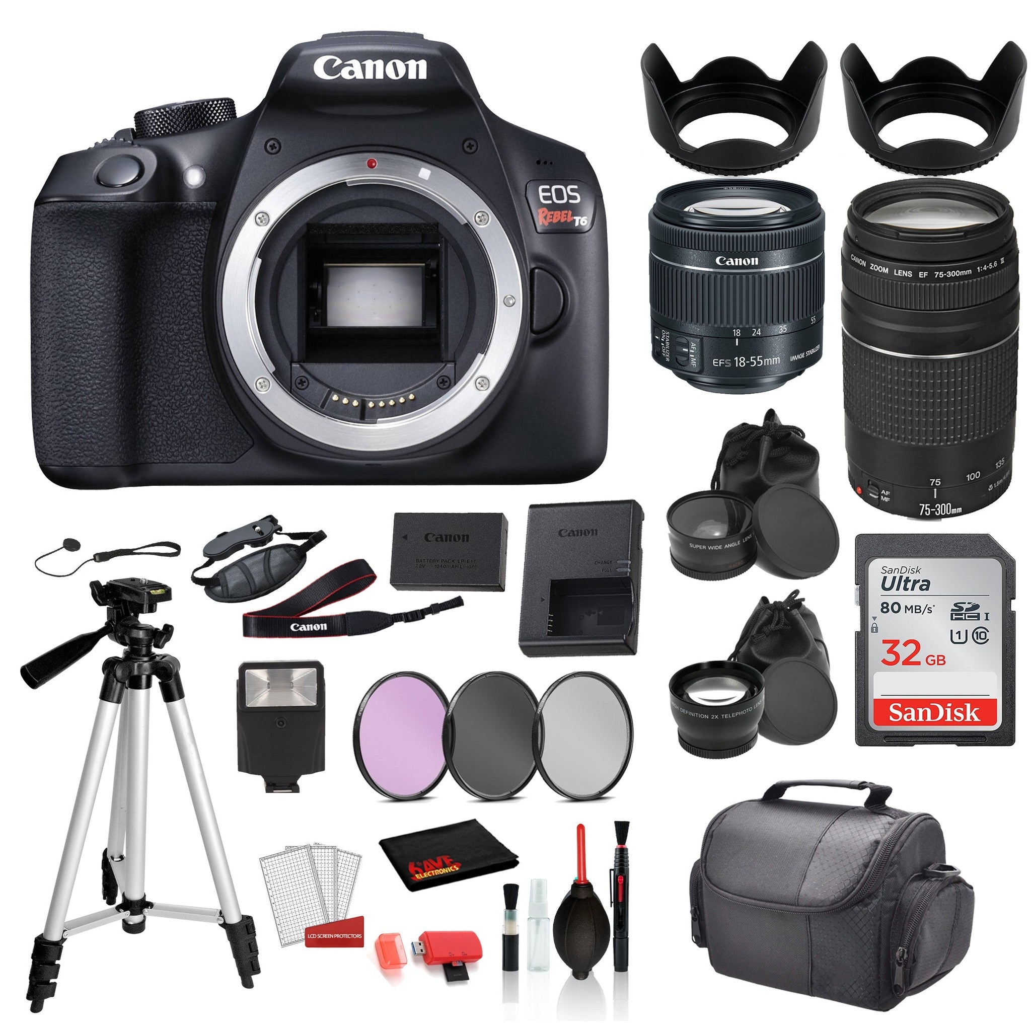 Canon EOS Rebel T6 Digital SLR Camera WITH 18-55mm Lens +EF 75-300mm Lens SanDisk 32gb SD Card + 3PC Filter Kit + MORE Canon