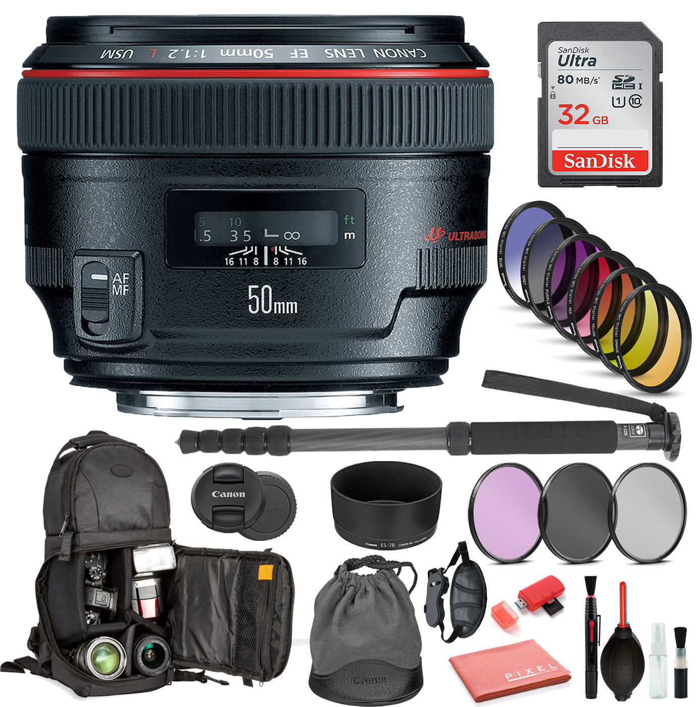 Canon EF 50mm f/1.2L USM Lens 1257B002 Includes: DSLR Sling Backpack, 9PC Filter Kit, Sandisk 32GB SD + More Canon