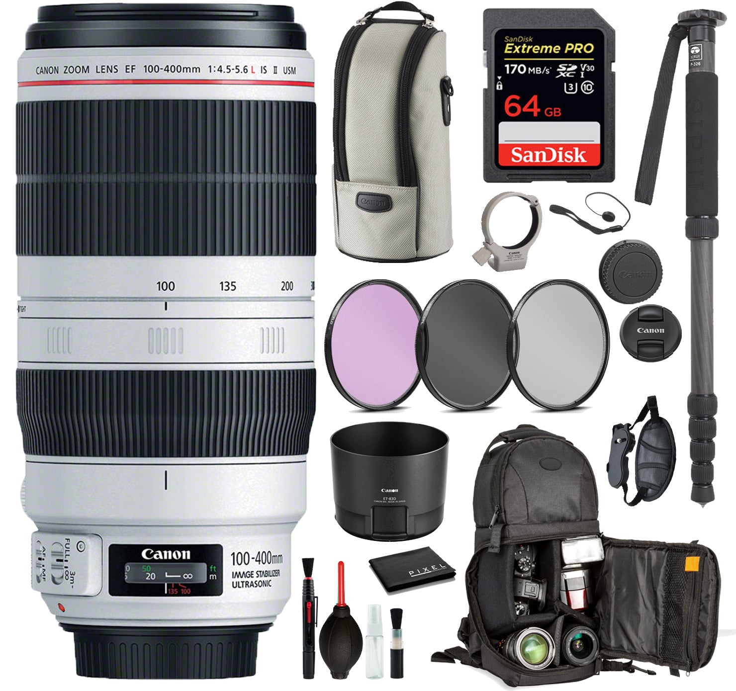 Canon EF 100-400mm f/4.5-5.6L IS II USM Lens 9524B002 Includes: 9PC filter Kit, Sandisk 64GB Extreme SD Card + More Canon