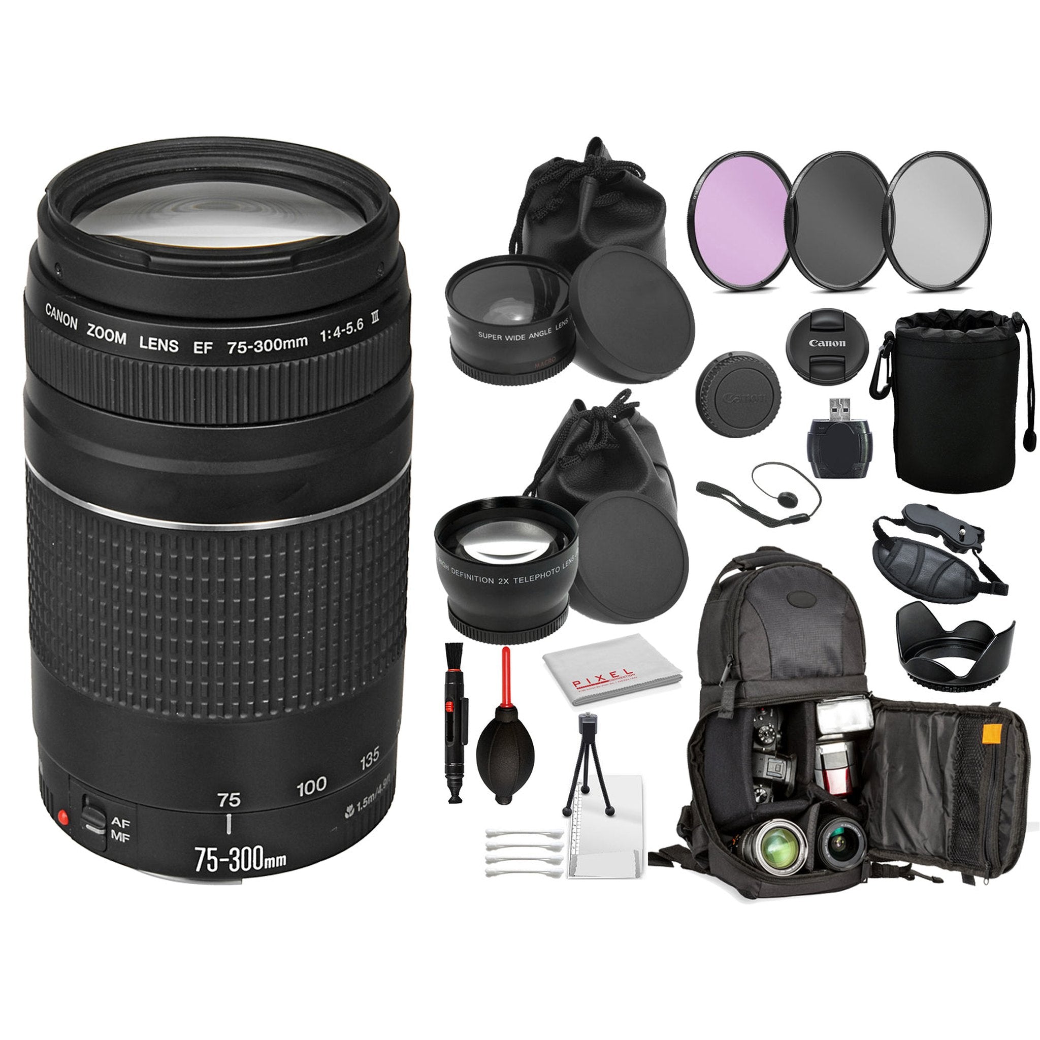 Canon EF 75-300mm f/4-5.6 III Lens 6473A003 Includes: DSLR Sling Backpack, 3PC filter Kit, + More Canon