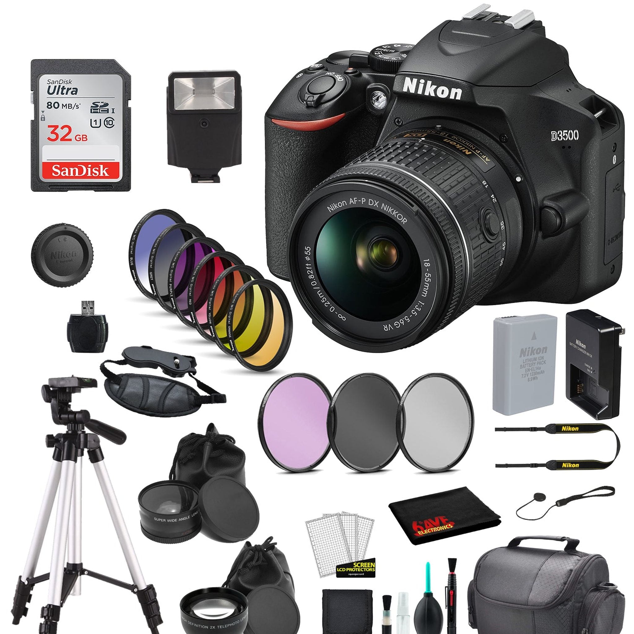 Nikon D3500 DSLR Camera with AF-P 18-55mm VR Lens Bundle SanDisk 32GB SD Card + 9PC Filter + MORE - International Nikon