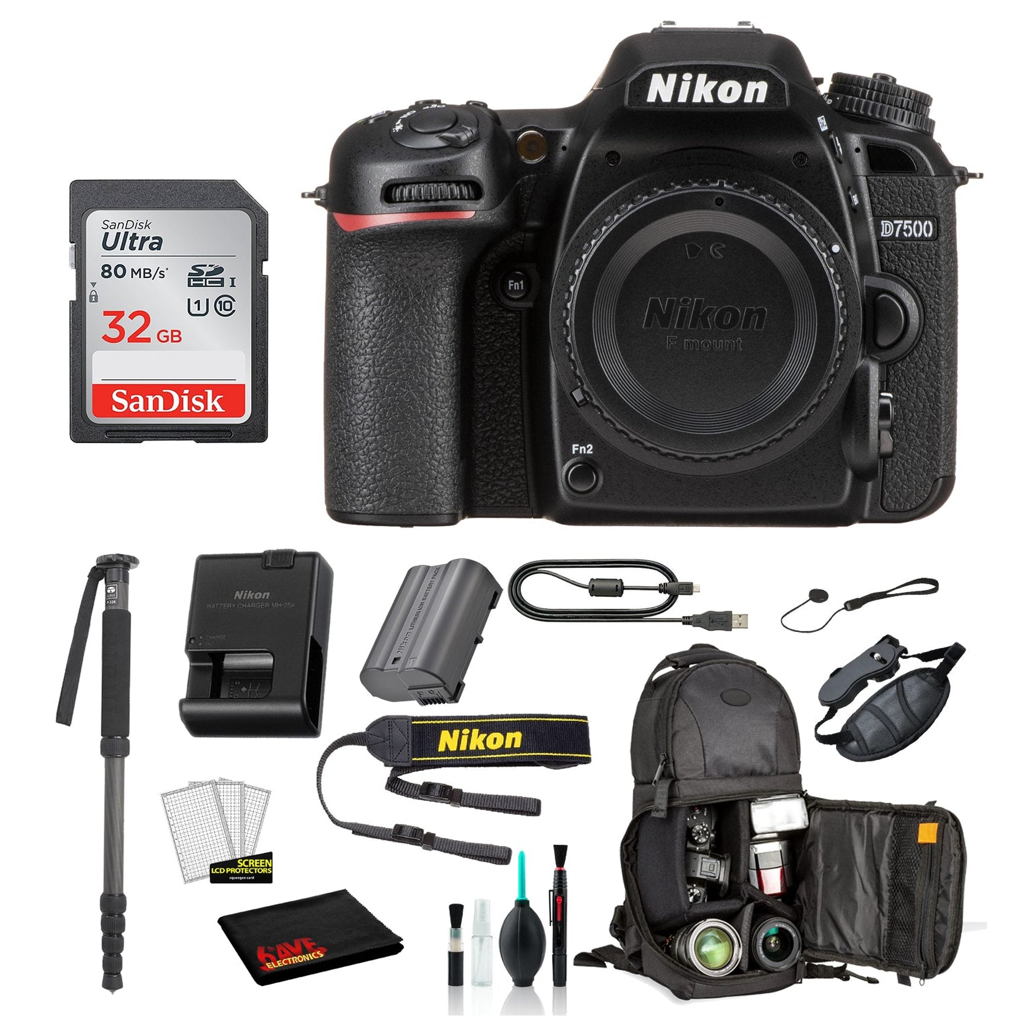 Nikon D7500 DSLR Camera Body Only Bundle – Includes SanDisk 32GB SD Card + Sling Backpack + MORE - International Nikon