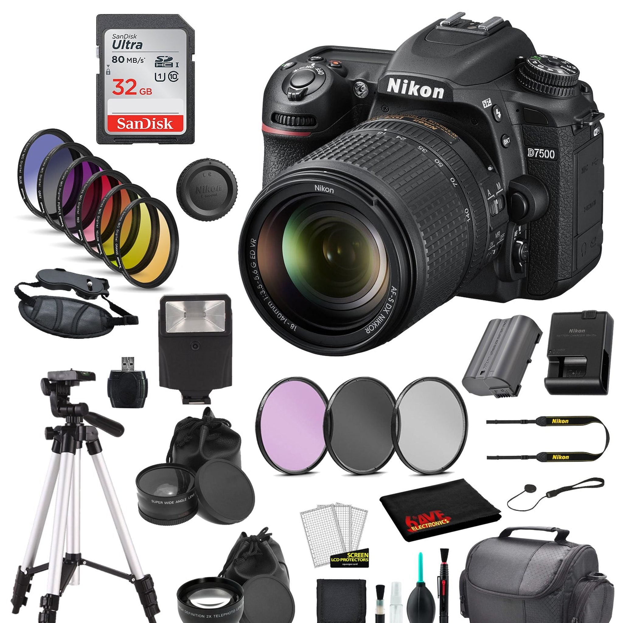 Nikon D7500 DSLR Camera with 18-140mm Lens Bundle Includes SanDisk 32GB SD Card + 9PC Filter + MORE - International Nikon