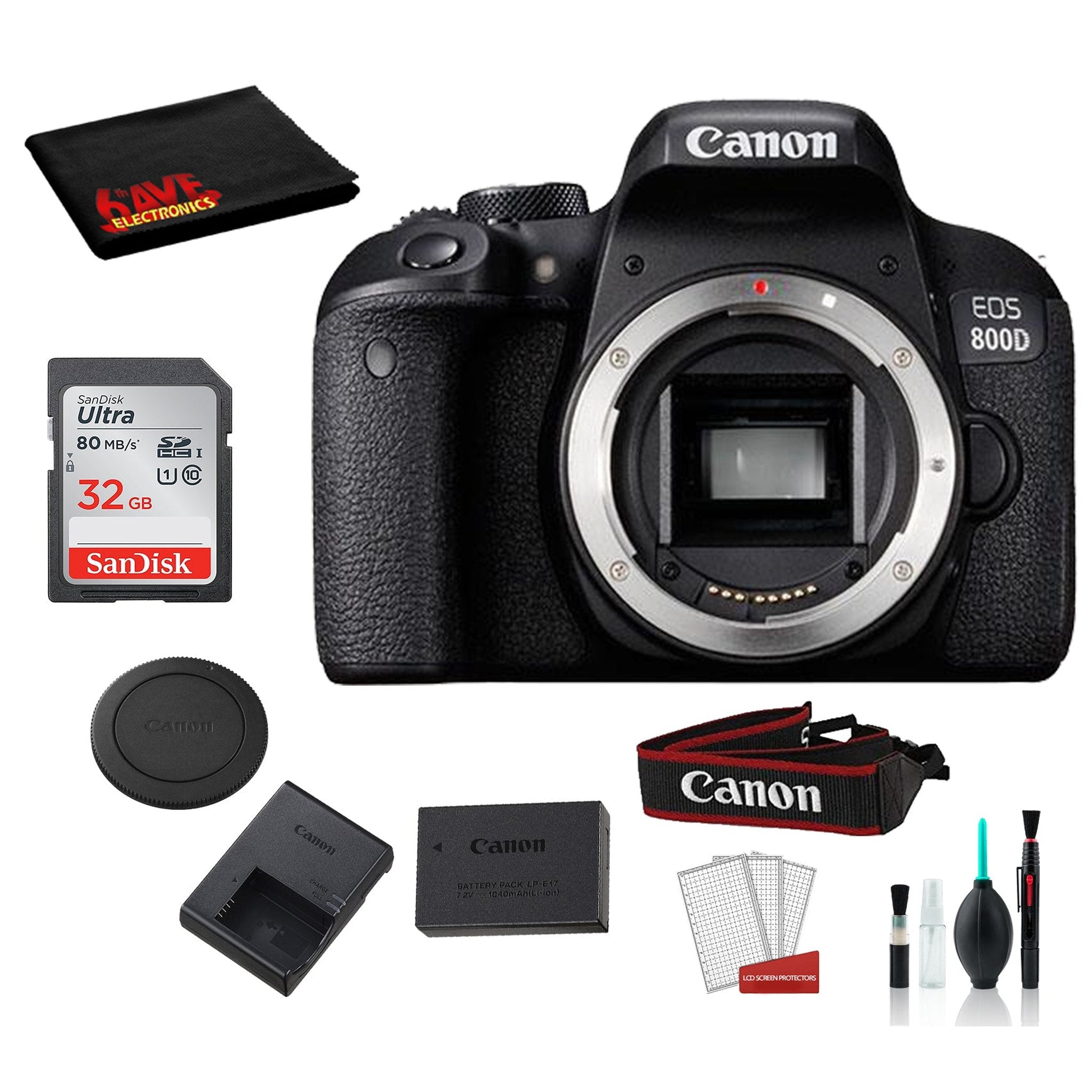 Canon EOS 800D Rebel T7i Body Only Kit Bundle SanDisk 32gb SD Card + Deluxe DSLR Cleaning Kit + MORE - International Canon