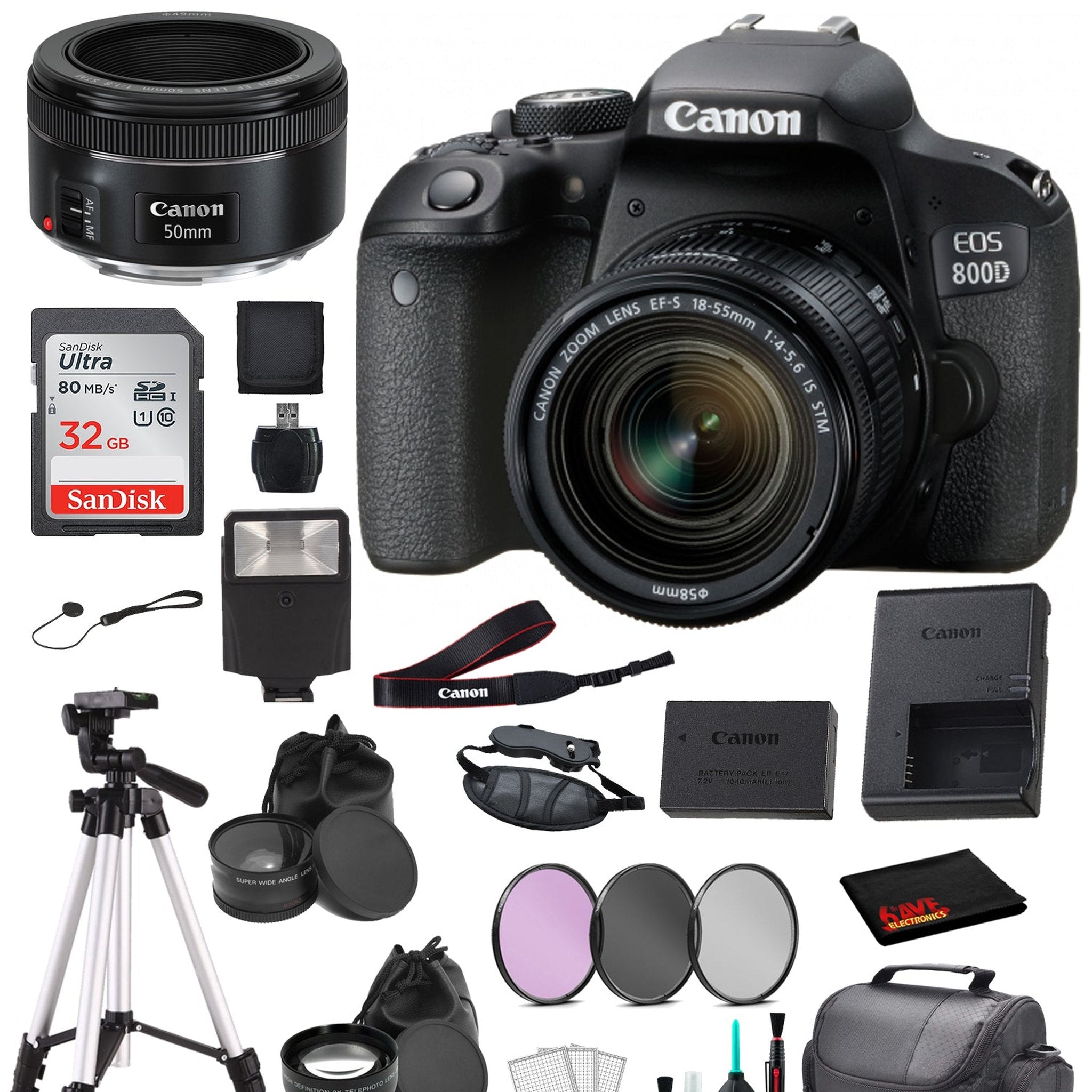 Canon EOS 800D Rebel T7i 18-55mm IS STM and EF 50mm f/1.8 STM Lens Bundle �SanDisk 32gb + Filters + - International Canon