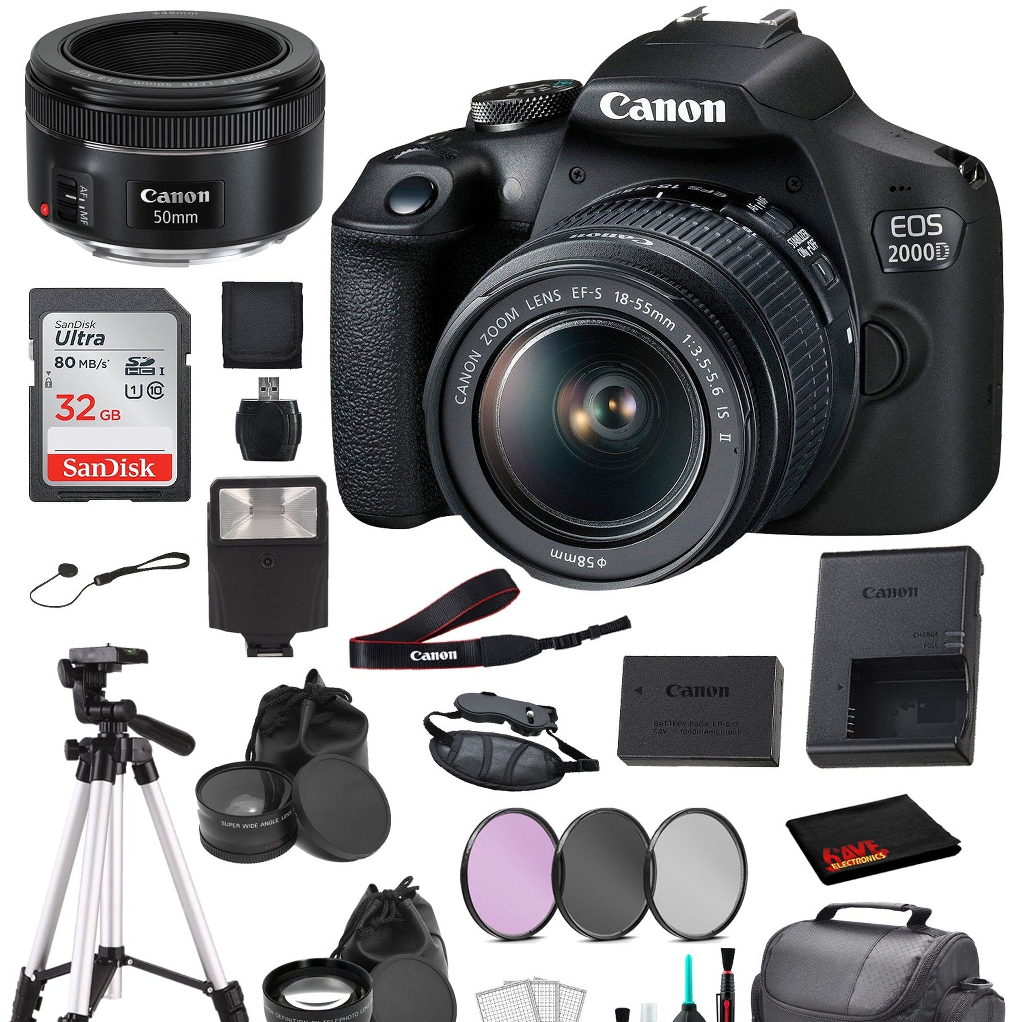 Canon EOS 2000D REBEL T7 DSLR Camera 18-55MM IS ii and EF 50mm f/1.8 STM Bundle SanDisk 32gb + MORE - International Canon