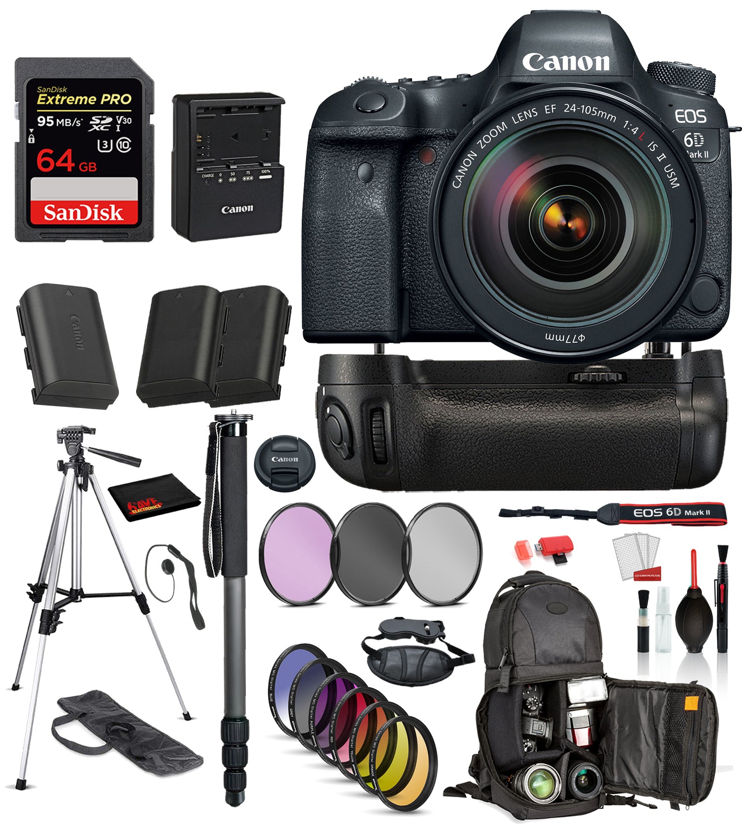 Canon EOS 6D Mark II DSLR Camera with 24-105mm f/4L II Lens ? Battery Grip + SanDisk extreme pro 64gb SD + MORE Canon