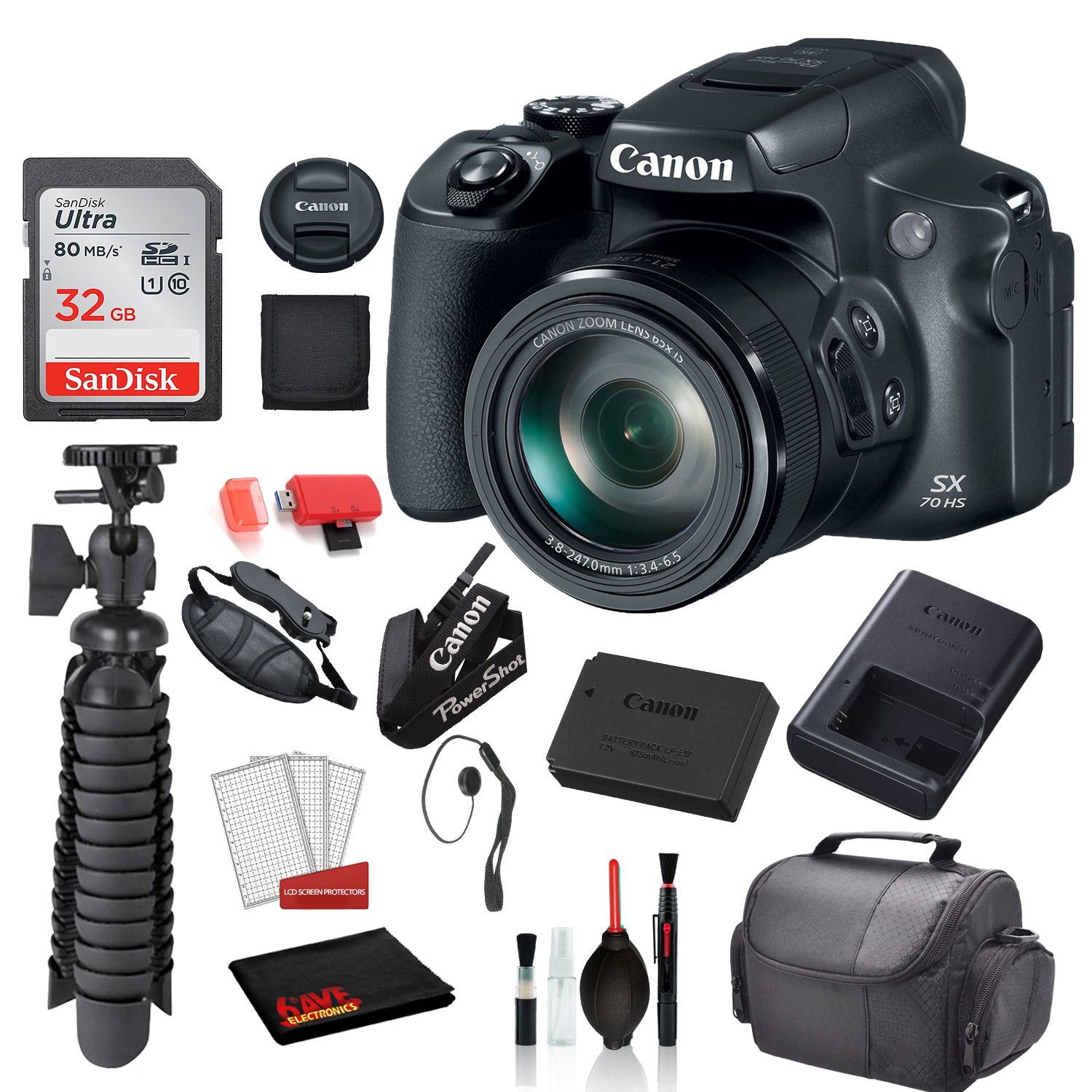 Canon PowerShot SX70 HS Digital Camera with SanDisk 32gb SD card + Deluxe Cleaning Kit + 12 Tripod + MORE Intl Model Canon