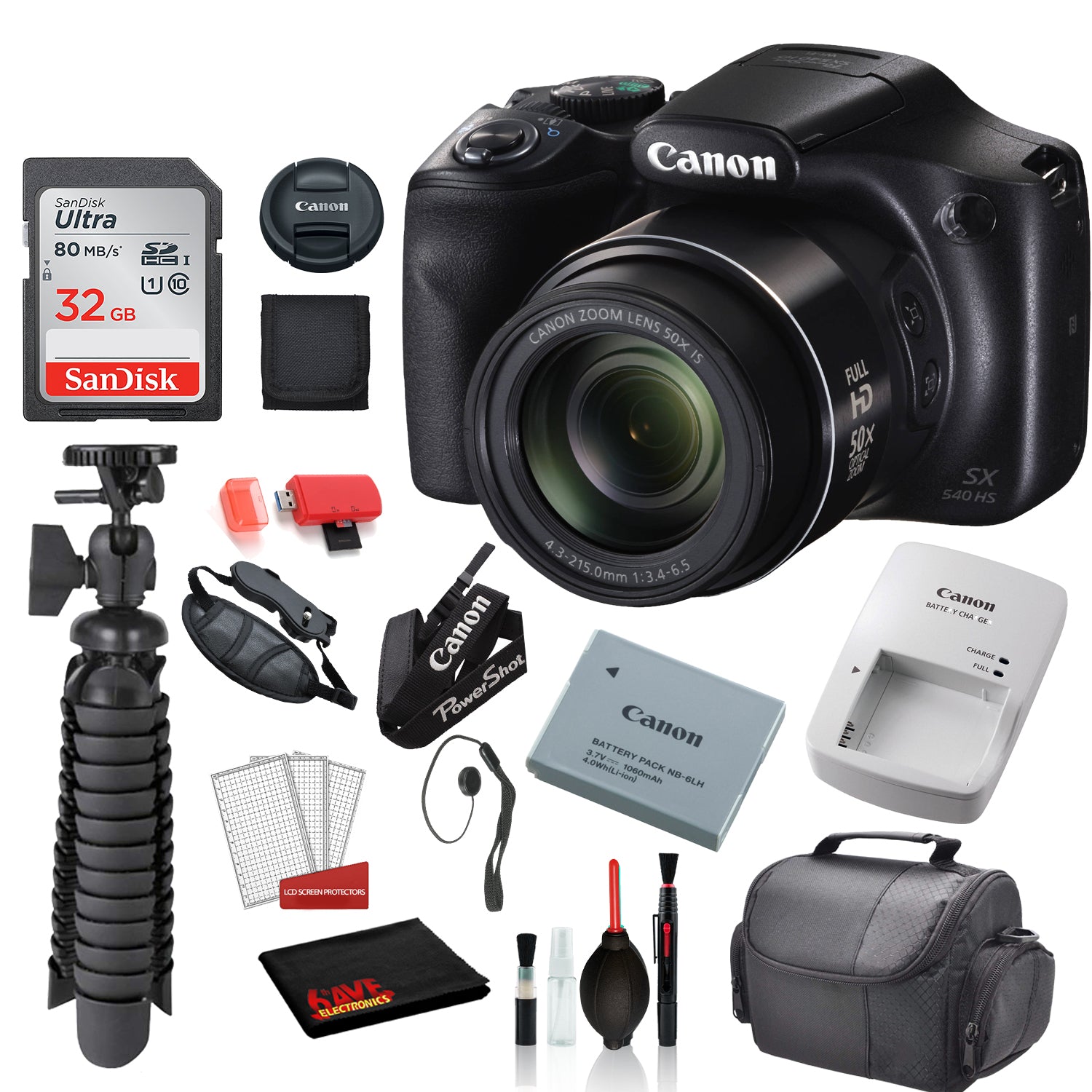 Canon PowerShot SX540 HS Digital Camera with �SanDisk 32gb SD card + Deluxe Cleaning Kit + 12� Tripod + MORE Canon