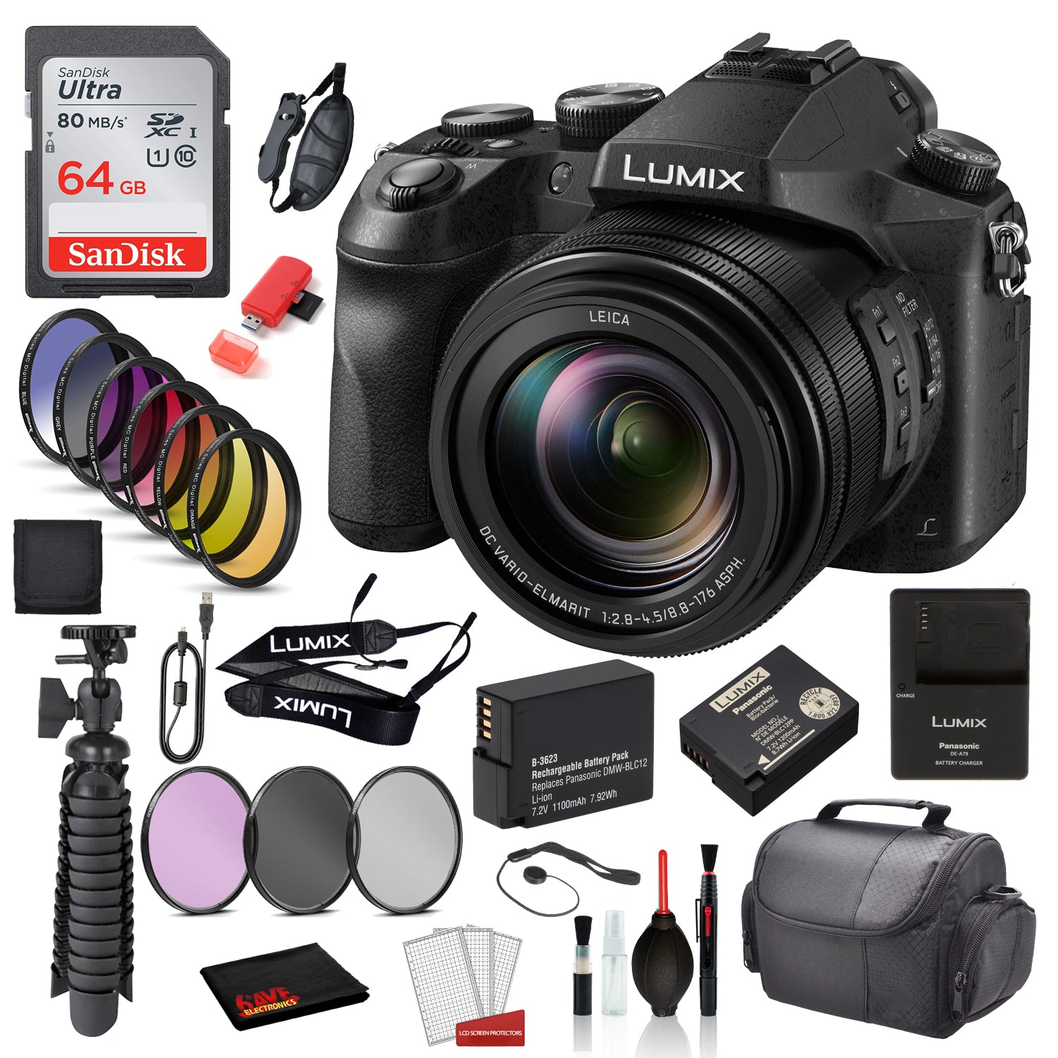 Panasonic Lumix DMC-FZ2500 Digital Camera with –SanDisk 64gb SD card + 9PC Filter Kit + 12” Tripod + MORE Panasonic