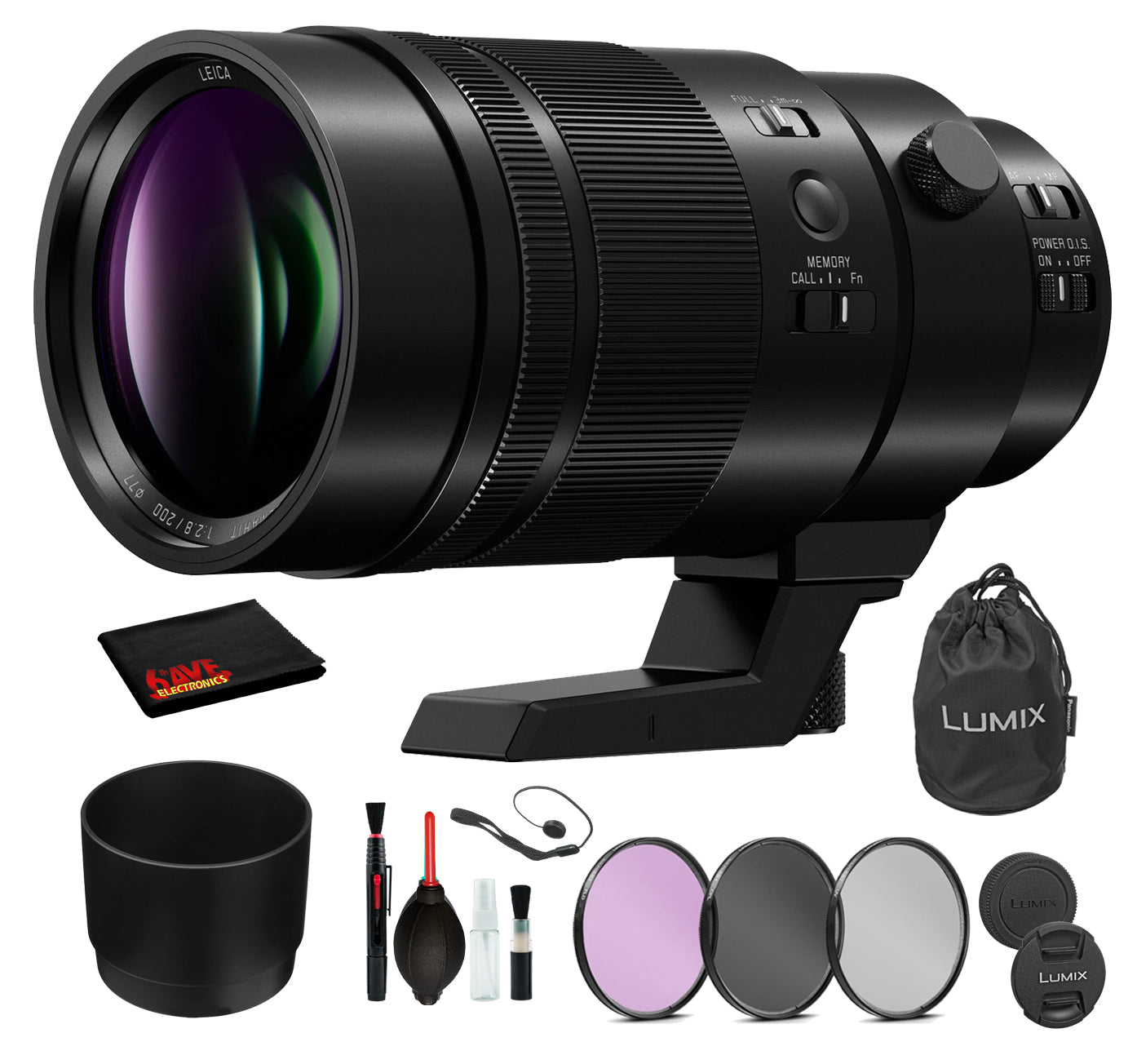 Panasonic Leica DG Elmarit 200mm f/2.8 POWER O.I.S. Lens with Bundle: 3PC Filter Kit + Deluxe Lens Cleaning Kit + More Panasonic