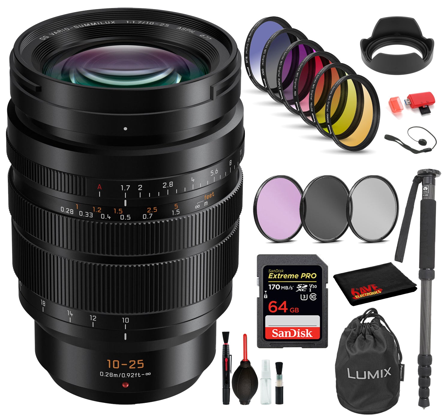 Panasonic Leica DG Vario-Summilux 10-25mm f/1.7 ASPH. Lens with: Sandisk Extreme Pro 64GB SD Card, 9PC Filter Kit + More Panasonic