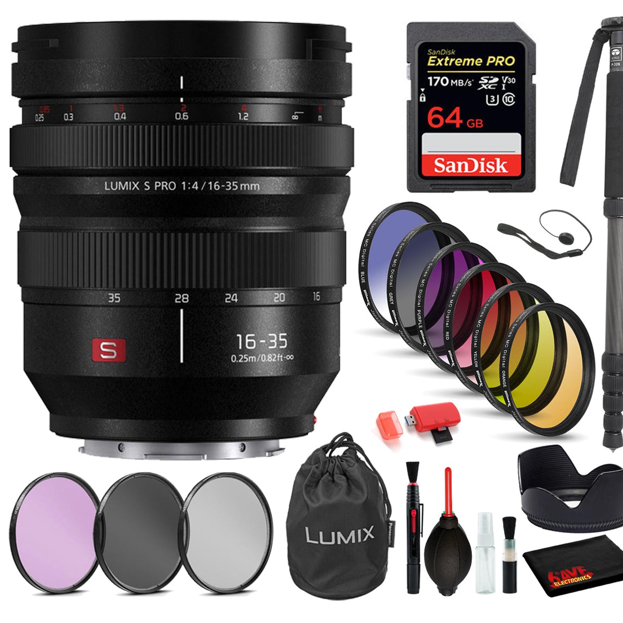 Panasonic Lumix S PRO 16-35mm f/4 Lens with: Sandisk Extreme Pro 64GB SD Card, 9PC Filter Kit + More Panasonic