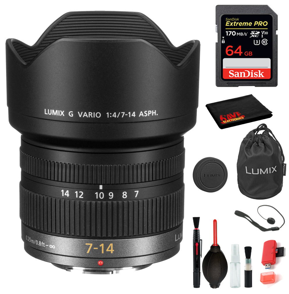 Panasonic Lumix G Vario 7-14mm f/4 ASPH. Lens with Bundle Kit Includes: Sandisk Extreme Pro 64GB SD Card + More Panasonic