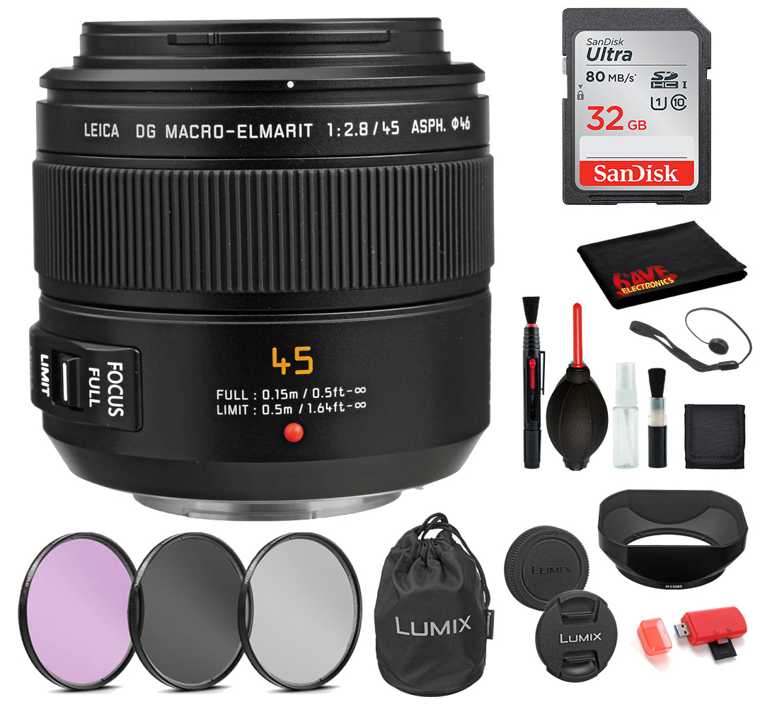 Panasonic Leica DG Macro-Elmarit 45mm f/2.8 ASPH. MEGA O.I.S. Lens with: Sandisk 32GB SD Card, 3PC Filter Kit + More Panasonic