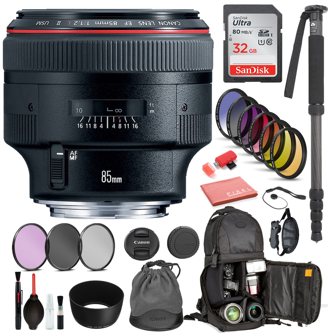 Canon EF 85mm f/1.2L II USM Lens Includes: DSLR Sling Backpack , 9PC filter Kit, Sandisk 32GB SD + More Canon