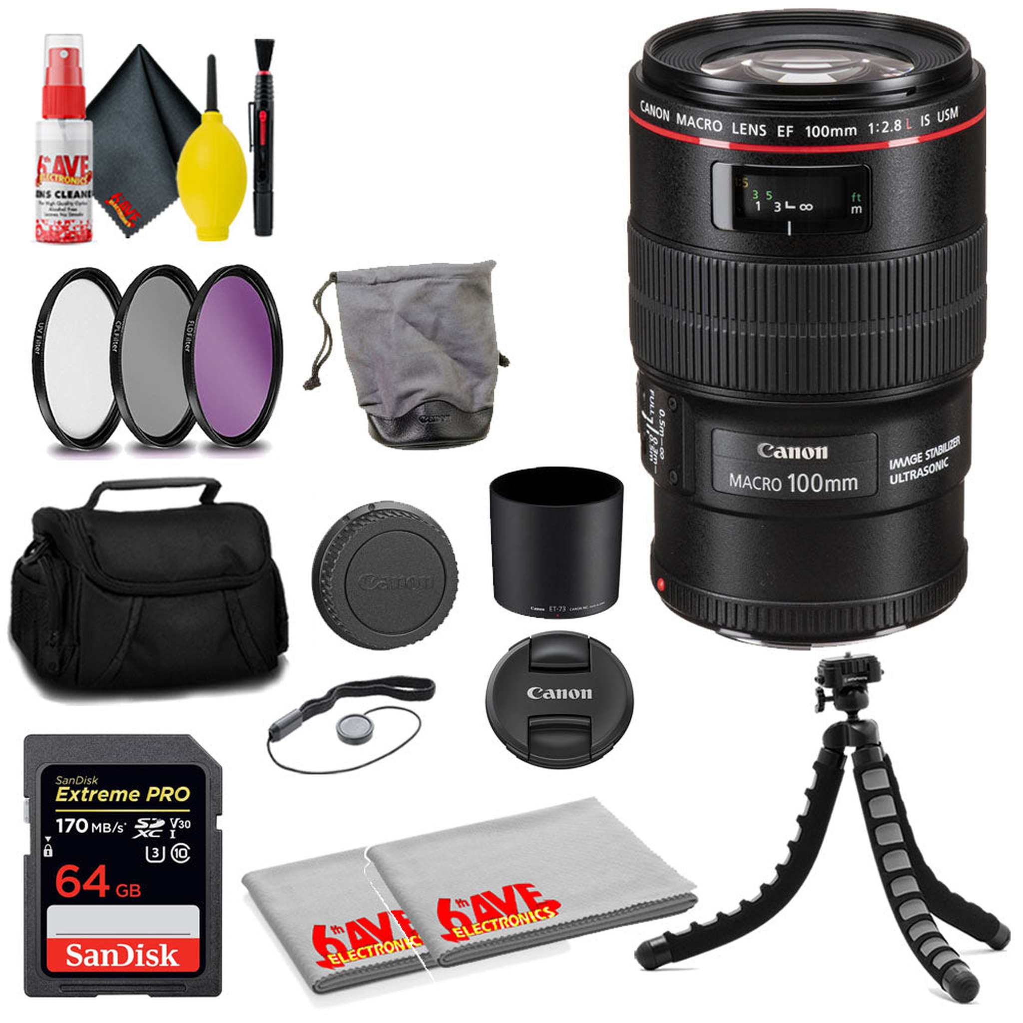 Canon EF 100mm f/2.8L Macro IS USM Lens + SanDisk 64GB Card + Filter Kit + MORE Canon