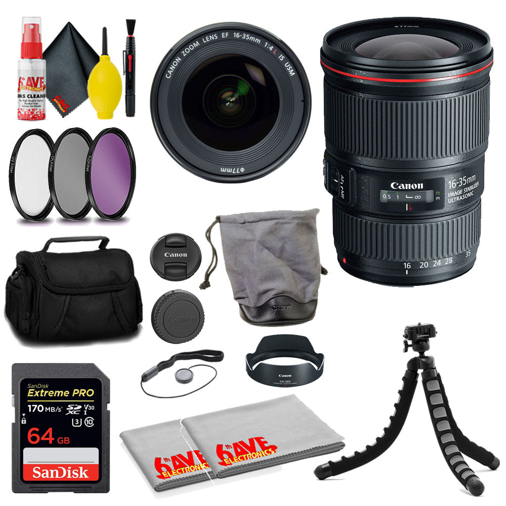 Canon EF 16-35mm f/4L IS USM Lens + SanDisk 64GB Card + MORE