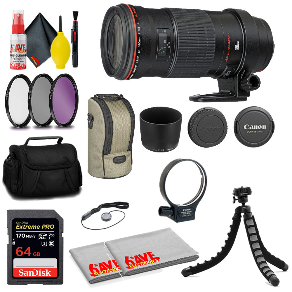 Canon EF 180mm f/3.5L Macro USM Lens + SanDisk 64GB Card + MORE